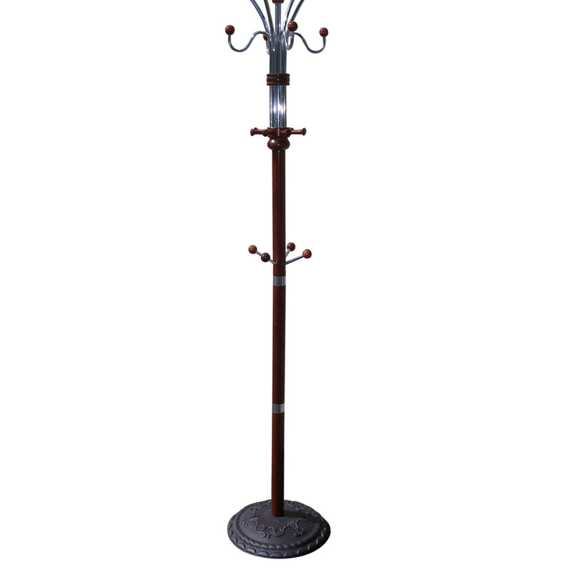 73" Tall Chrome And Wood Coat Rack, Cherry Finish Cherry Wood