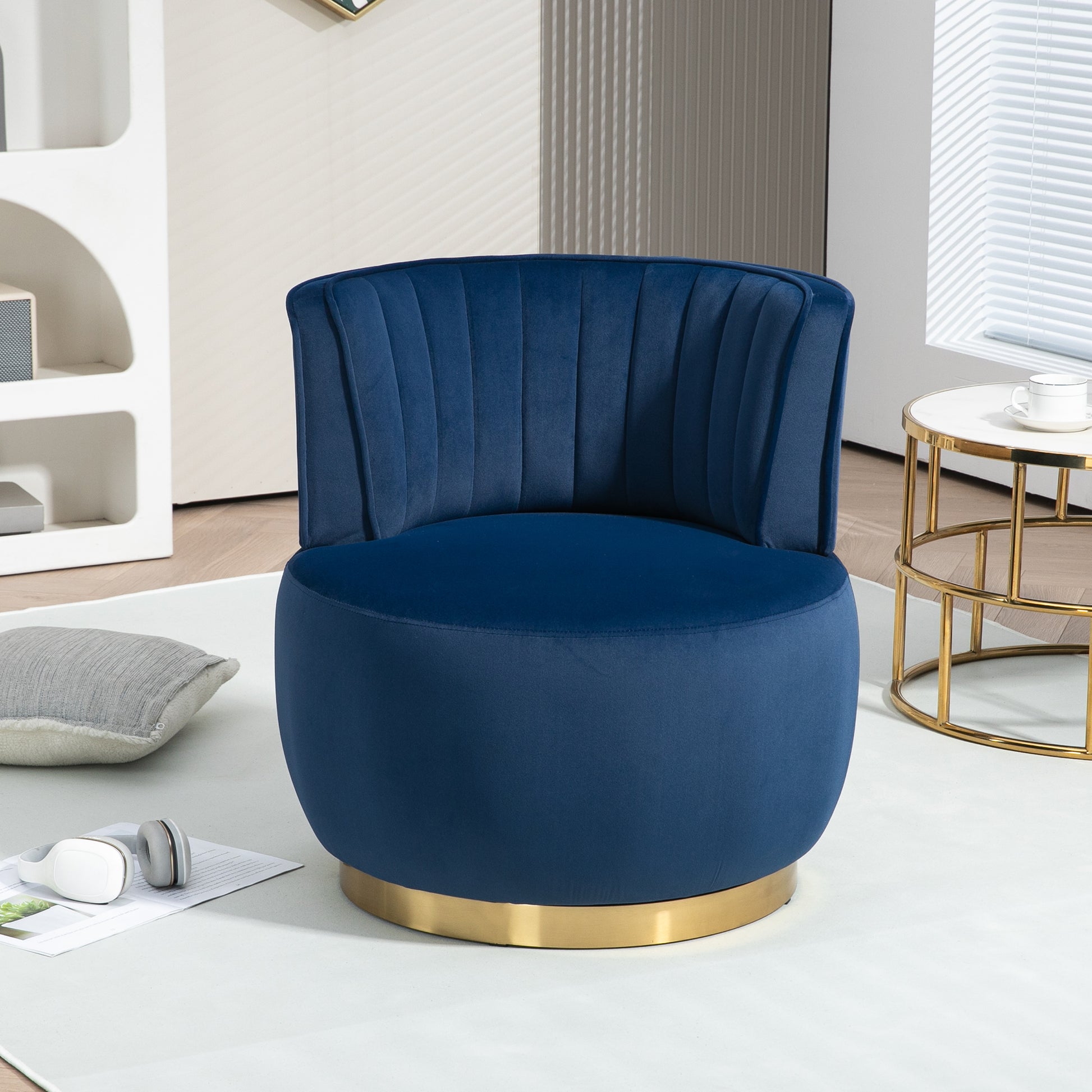 Coolmore 360 Degree Swivel Cuddle Barrel Accent Sofa Chairs, Round Armchairs With Wide Upholstered, Fluffy Velvet Fabric Chair For Living Room, Bedroom, Office, Waiting Rooms Navy Foam Velvet