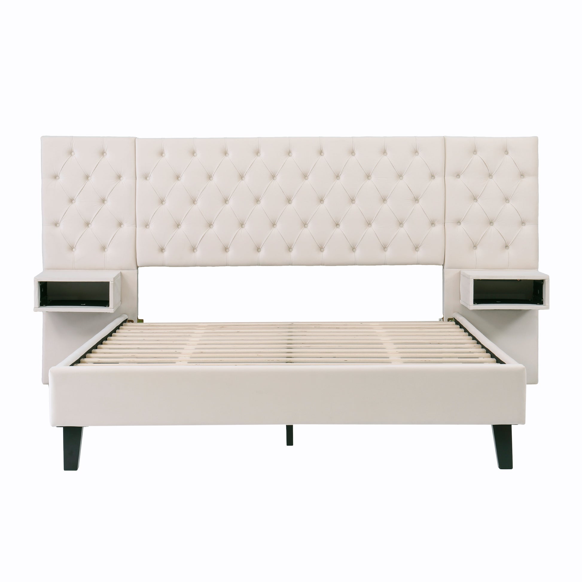 Queen Size Platform Bed With Headboard, Modern Velvet Upholstered Platform Bed With 2 Nightstands, With Diamond Tufted, Beige Box Spring Not Required Queen Beige Wood Velvet