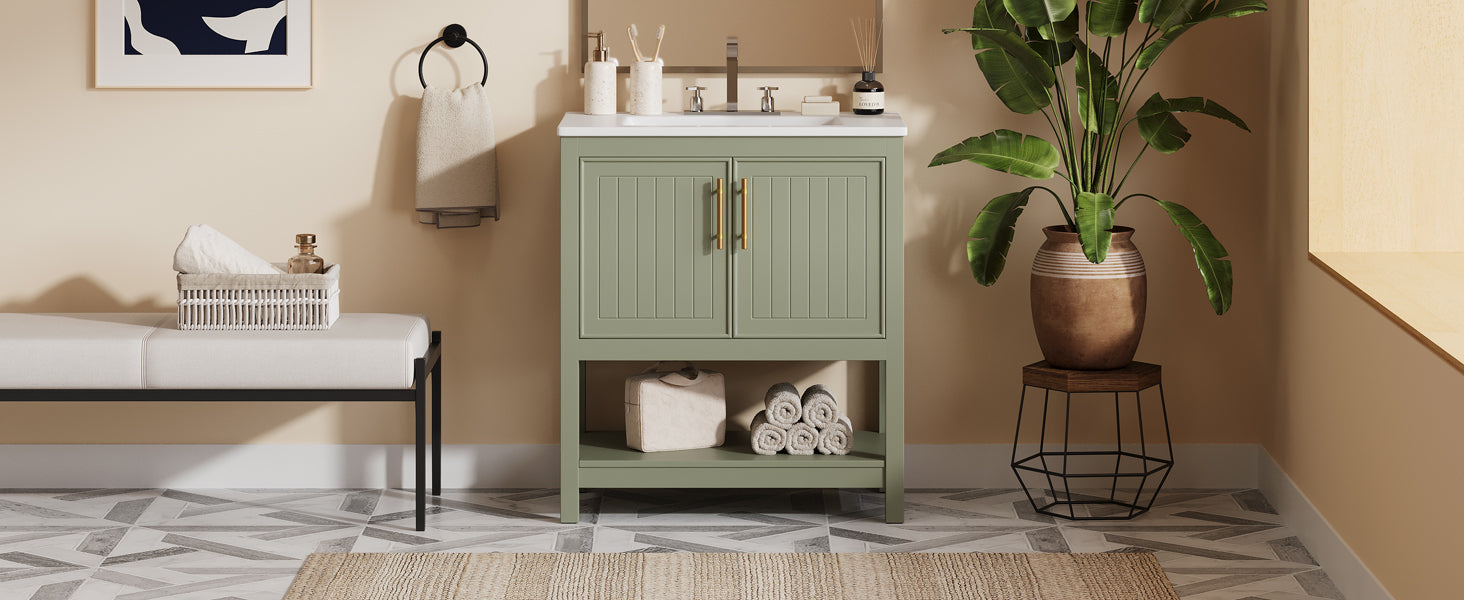 30 Inch Green Bathroom Vanity With Ceramic Sink And Versatile Storage Ideal For Small Bathrooms Green Bathroom Solid Wood Mdf