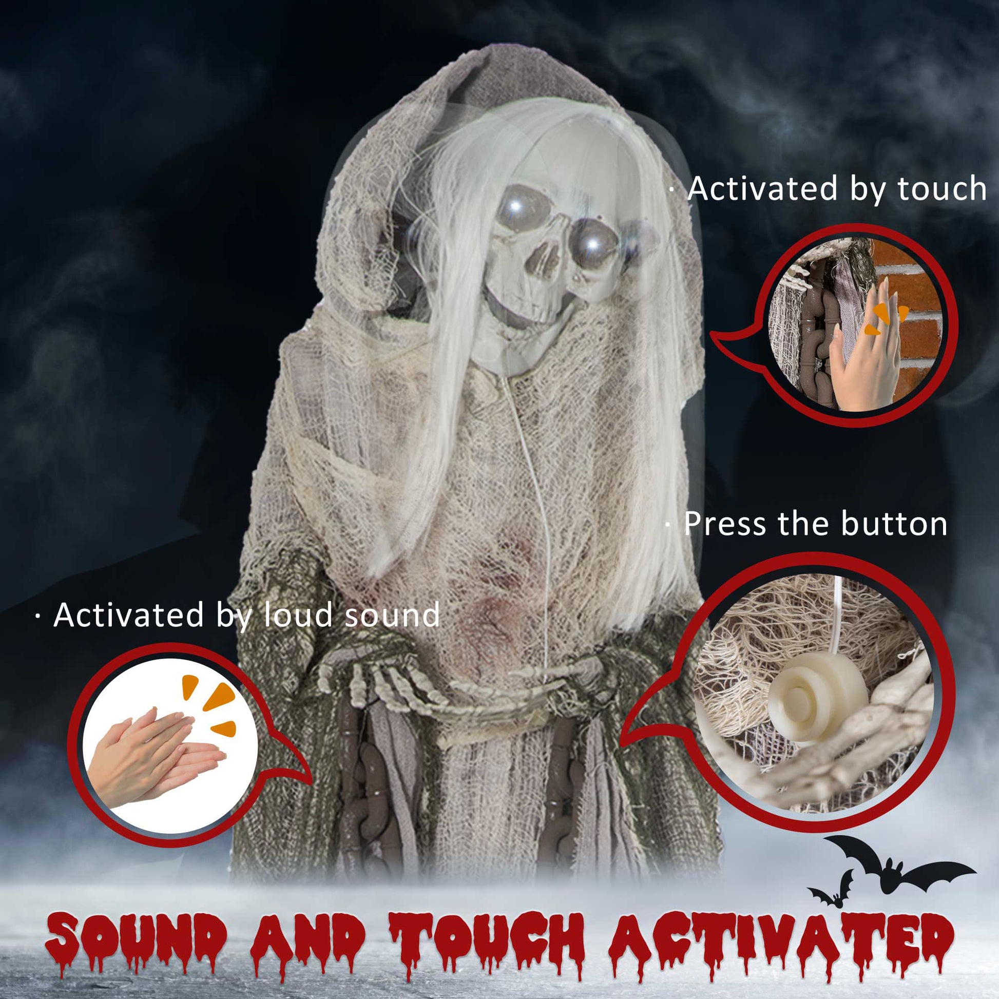 Outsunny 74" Life Size Outdoor Halloween Decorations Skeleton Witch, Sound And Motion Activated Animated Prop Animatronic D Cor With Light Up Eyes, Spooky Sound Multicolor Polyester