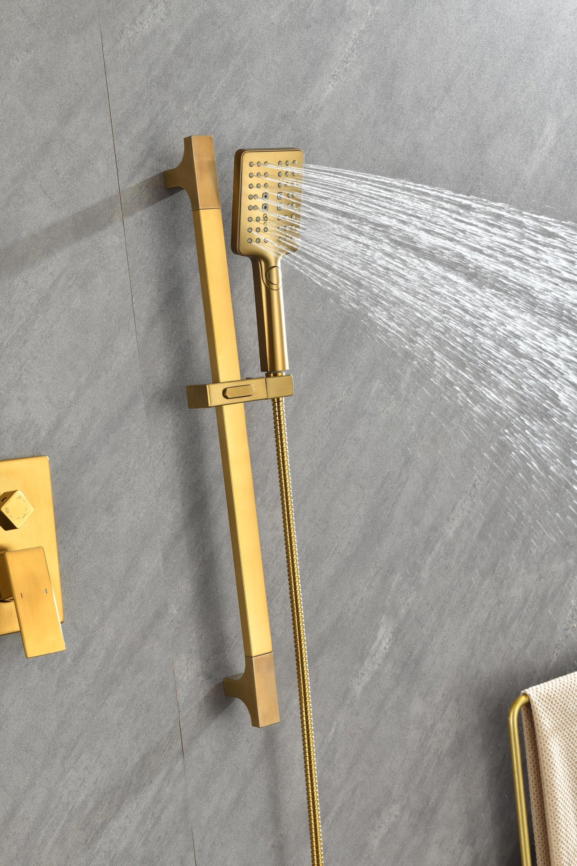 Wall Mounted Shower System In Brushed Gold With Shower Head, Handheld Shower, 3 Body Jets Brushed Gold Modern Brass Brass