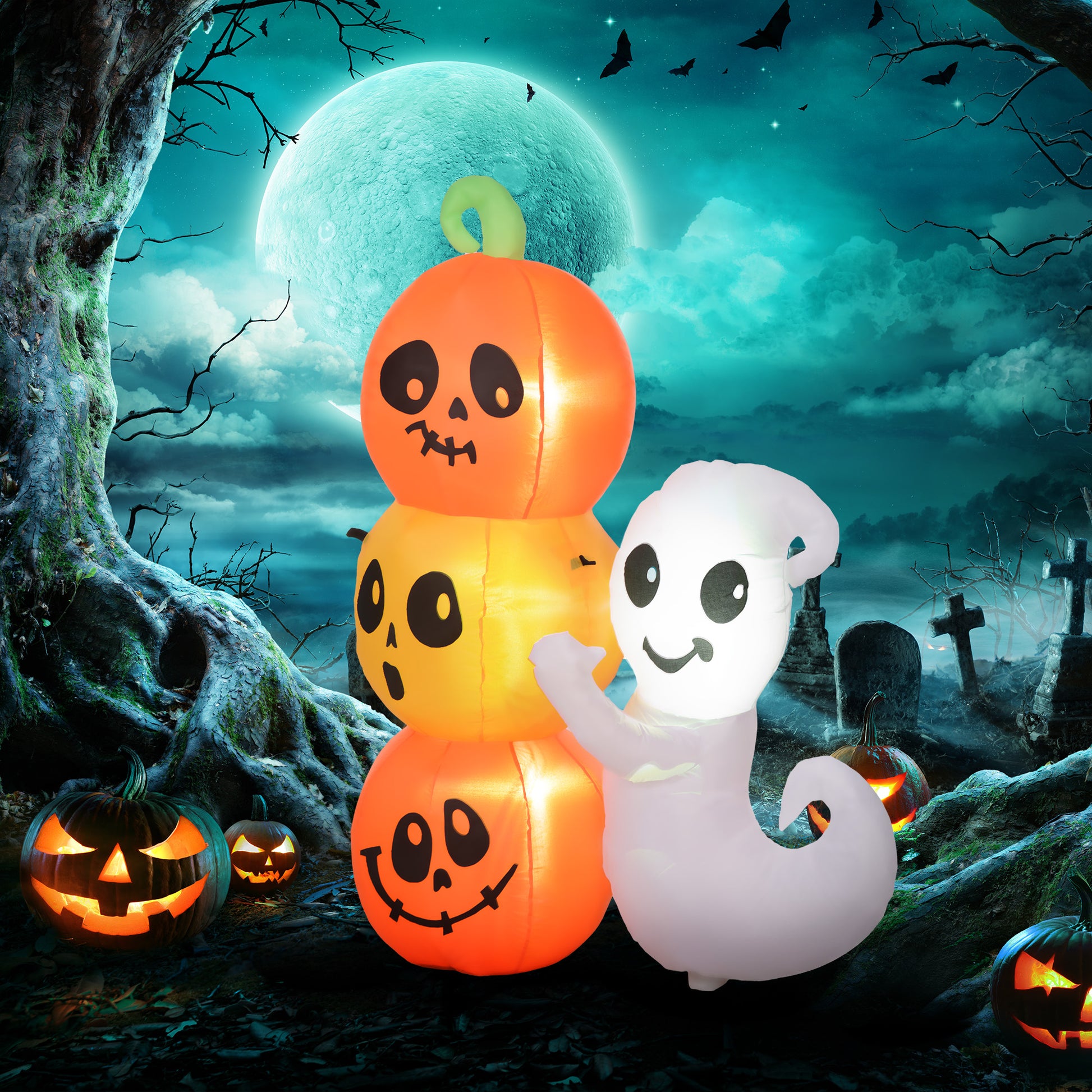 Homcom 5Ft Inflatable Halloween Decoration Ghost And Pumpkin, Blow Up Outdoor Led Yard Display, Waterproof Orange Polyester