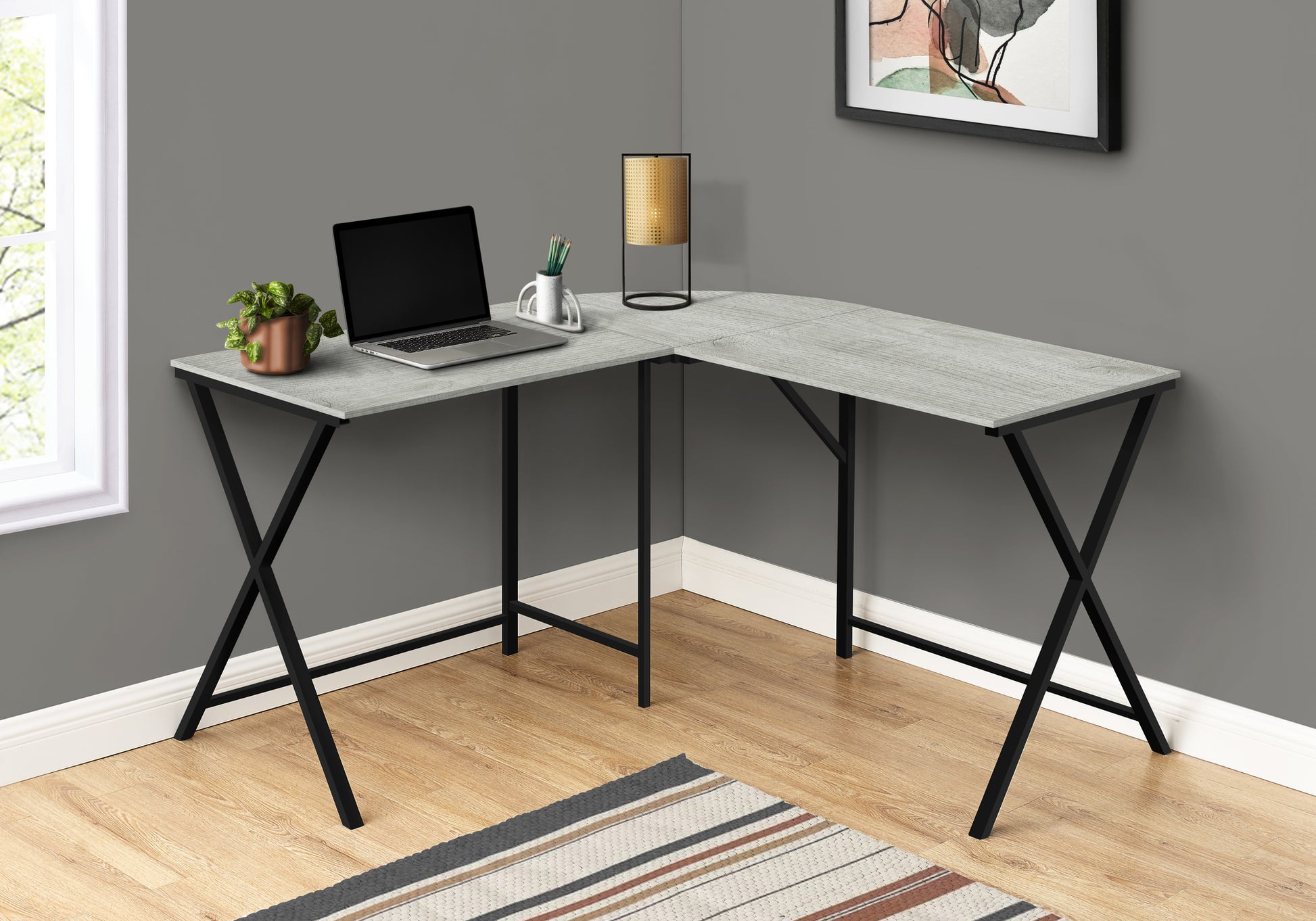 Computer Desk, Home Office, Corner, 55"L, L Shape, Work, Laptop, Grey Laminate, Black Metal, Contemporary, Modern Grey Mdf