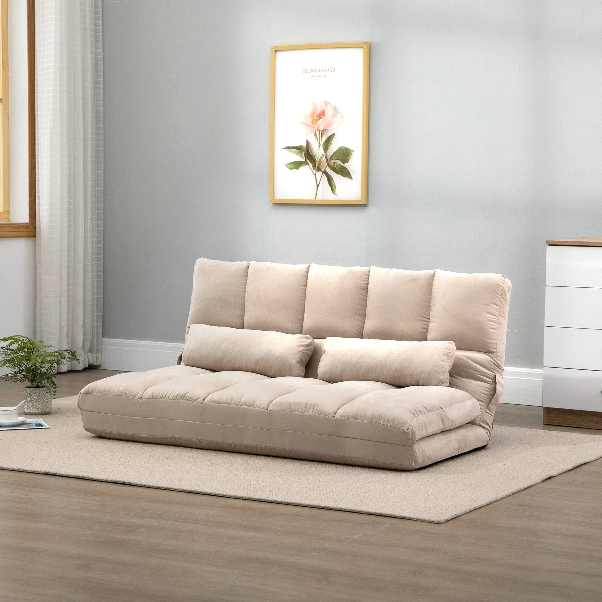 Homcom Convertible Floor Sofa Chair, Folding Couch Bed, Guest Chaise Lounge With 2 Pillows, Adjustable Backrest And Headrest, 51.25" L, Beige Beige Polyester