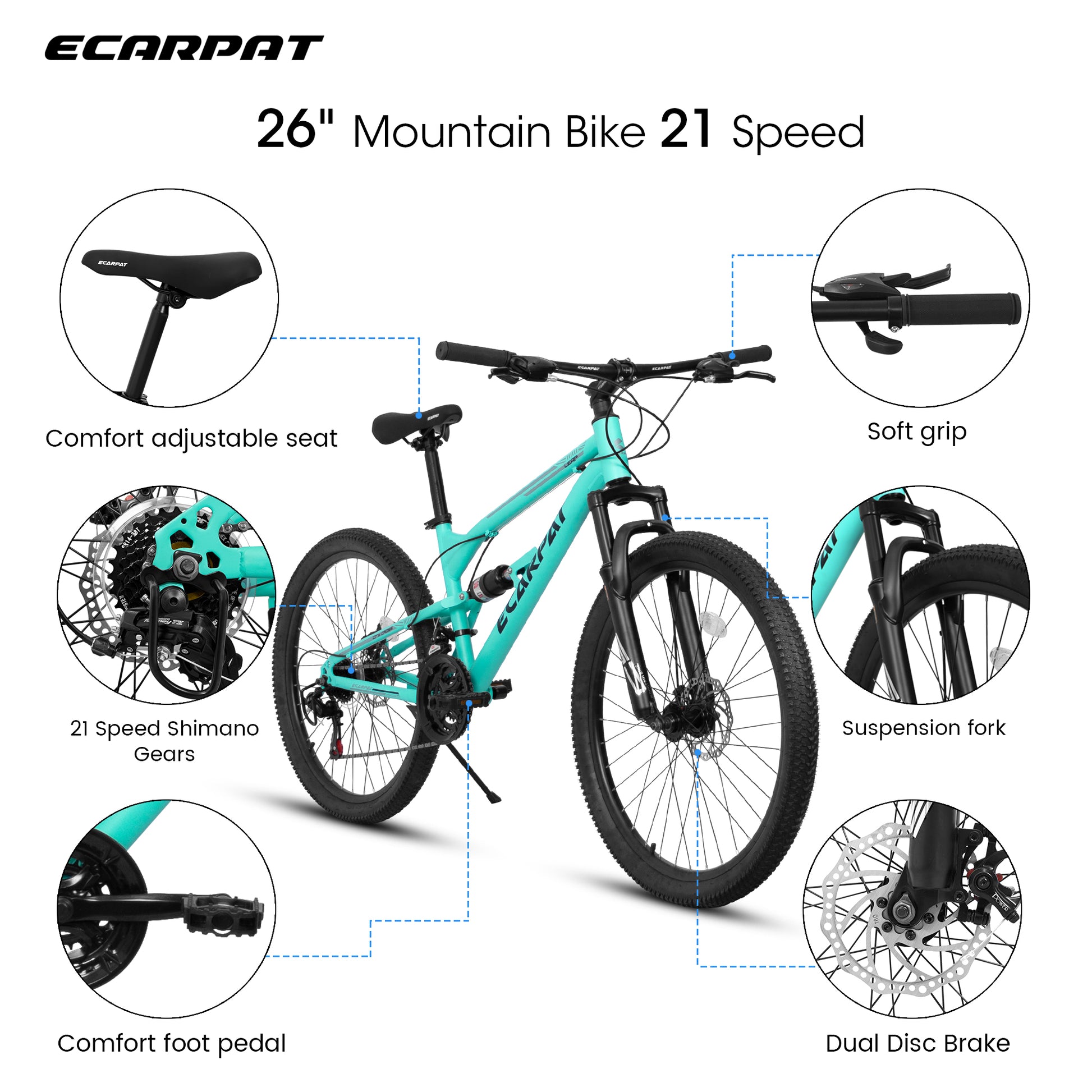 A26207 26 Inch Steel Frame Shock Fork Plus Shock Absorber 21 Speed Unisex Mountain Bike Blue Without Wear Resistant Garden & Outdoor Sporty Multifunctional Steel