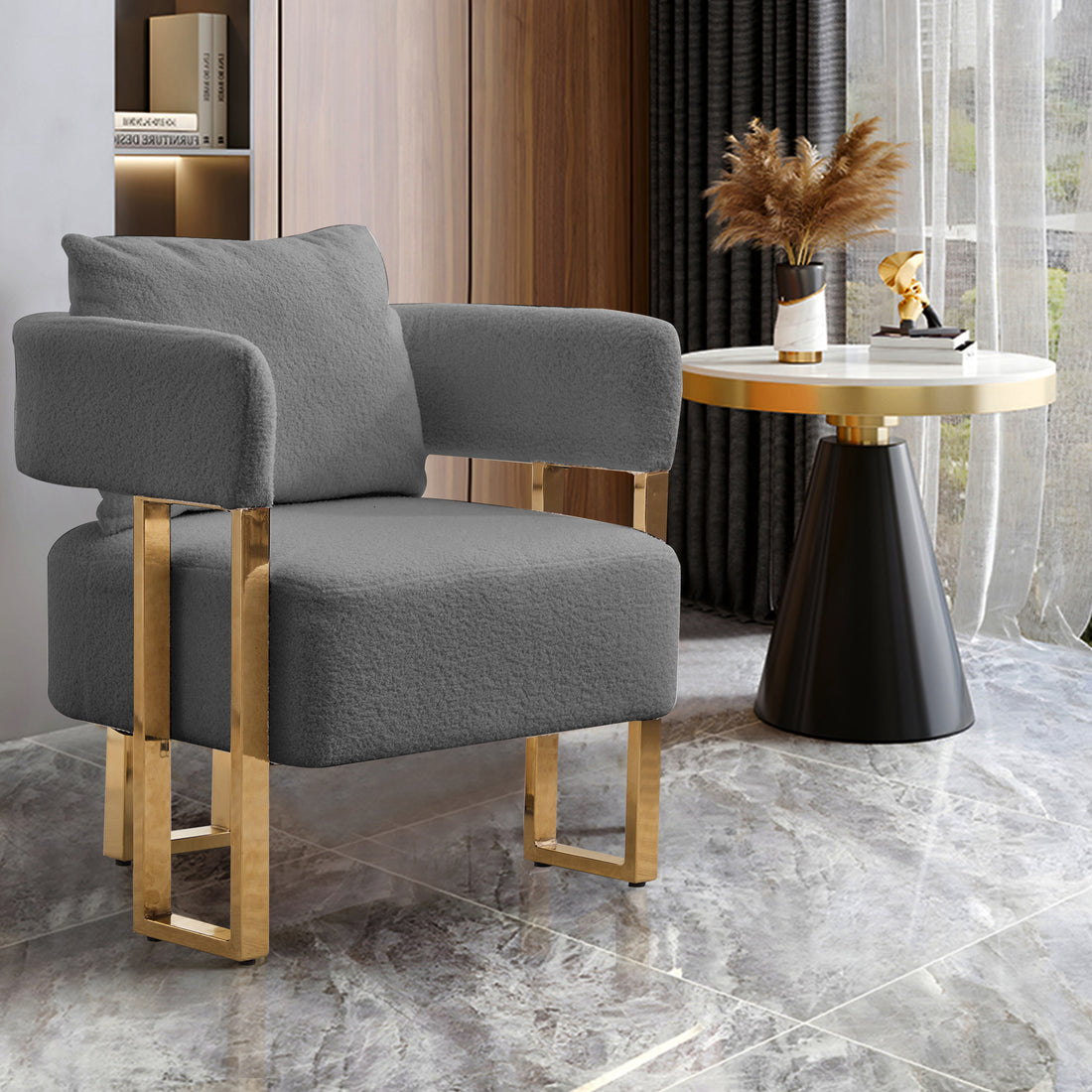 Ts Modern Decorative Chair, Living Room Side Chair With Gold Metal Legs, No Wheels, Suitable For Dressing Area, Reception Room, Office,Teddy Fleece Upholstered Metal Foot Sofas 2Pcs Grey Grey Teddy