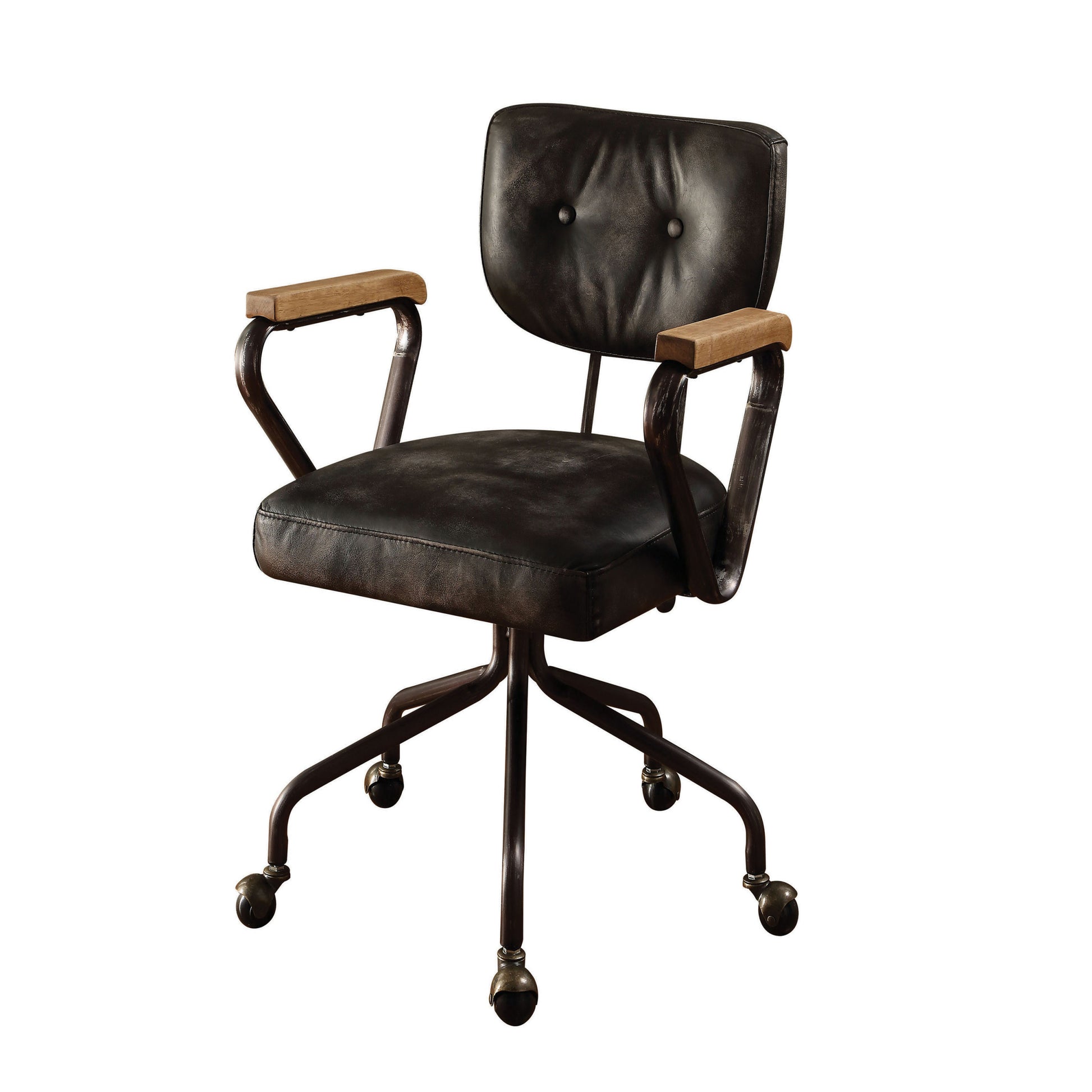 Vintage Black Swivel Office Chair With Trim Solid Black Office Foam Rectangular Industrial Office Chairs Tufted Back Swivel Leather