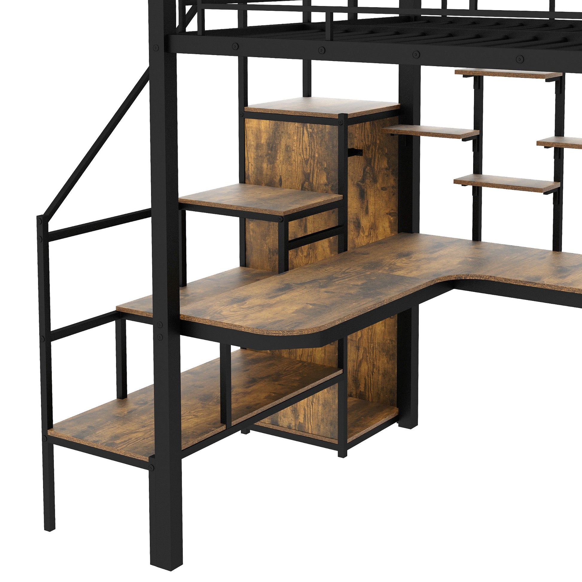 Full Size Metal Loft Bed With Storage Staircase And Small Wardrobe, Built In Desk And Storage Shelves, Black Full Black Metal