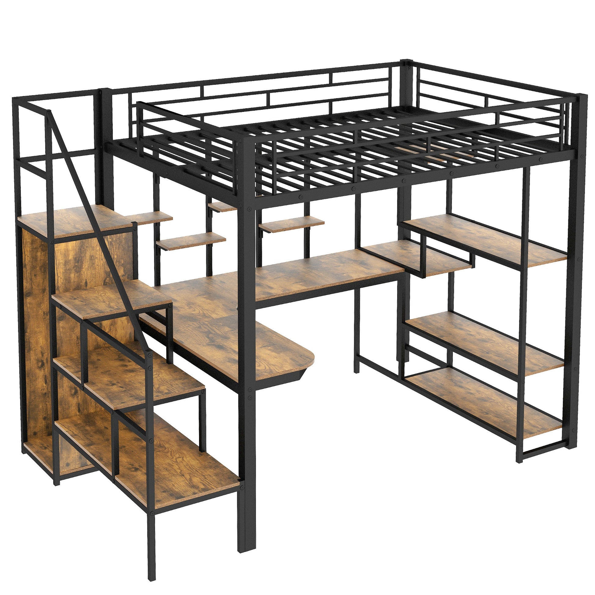 Full Size Metal Loft Bed With Storage Staircase And Small Wardrobe, Built In Desk And Storage Shelves, Black Full Black Metal