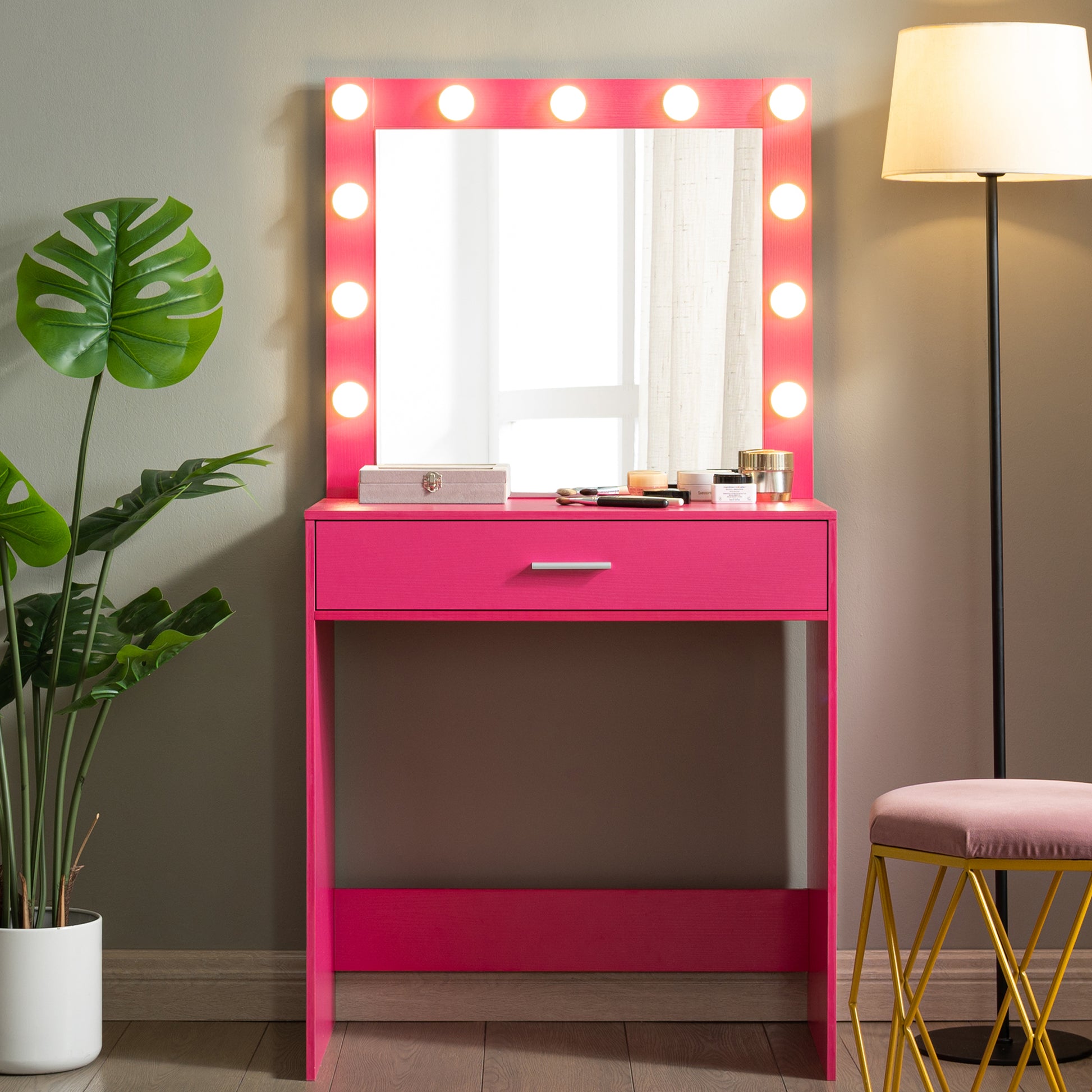 Vanity Desk With Mirror And Lights, Dressing Table With Large Drawer, 1 Level Storage Dresser & 3 Lighting Modes Adjustable Brightness, Suitable For Bedroom Pink Pink Particle Board