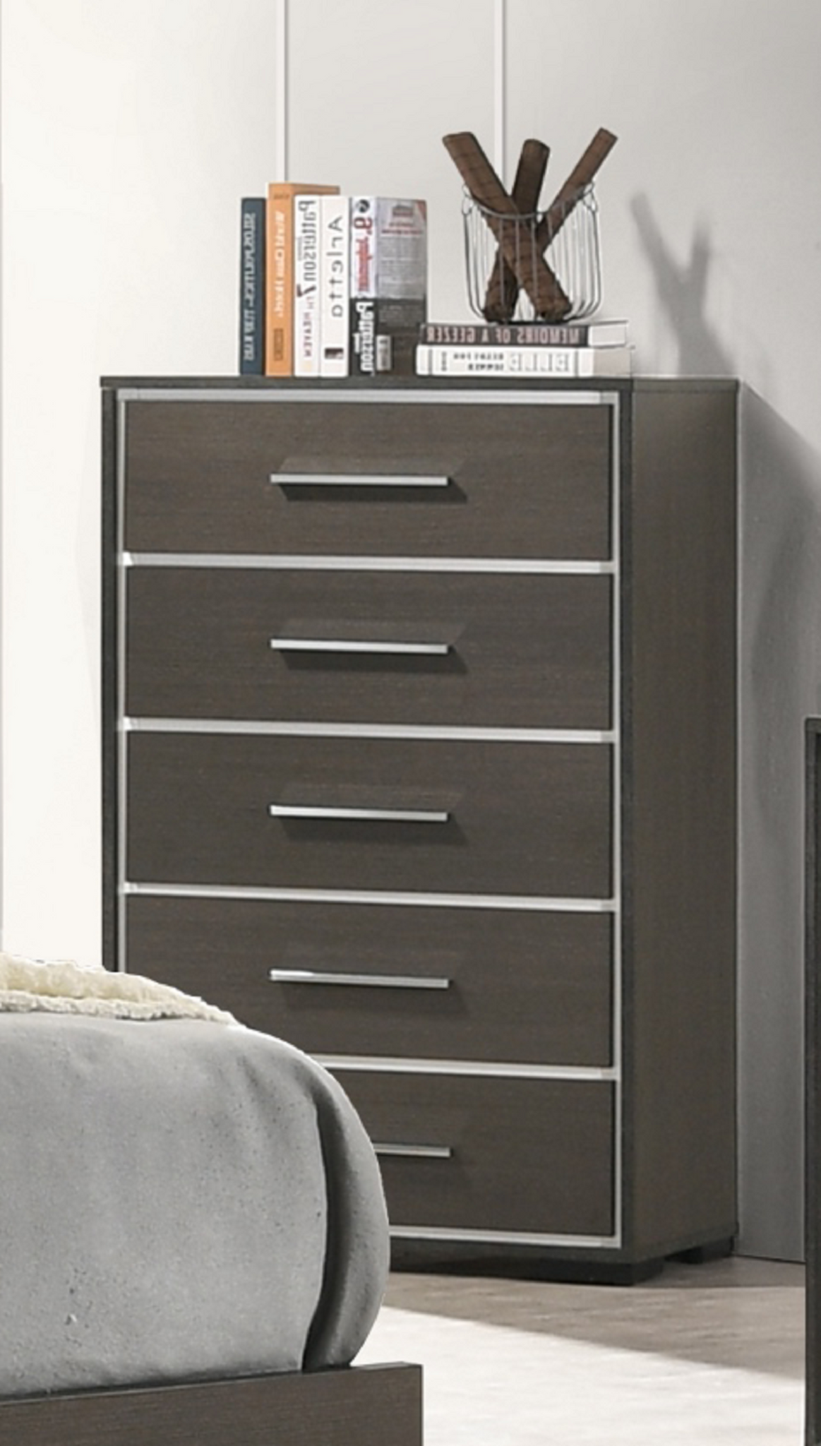 1Pc Contemporary 5 Drawer Chest With Chrome Accents Gray Rustic Finish Bedroom Wooden Furniture Gray Bedroom Contemporary,Rustic Wood