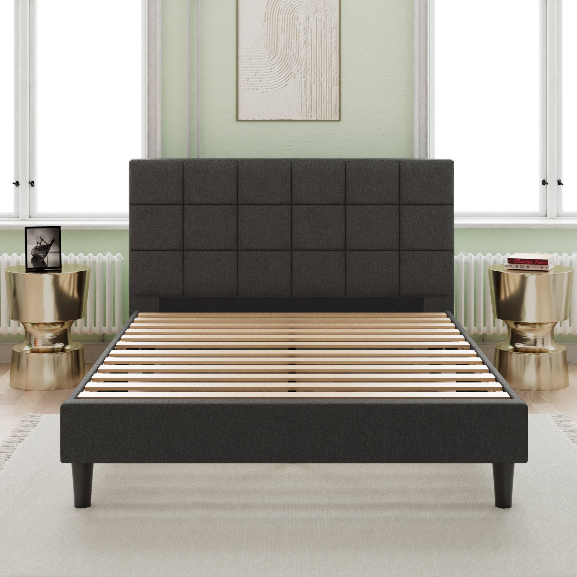 Upholstered Platform Bed Square Stitch King Grey Wood Upholstered