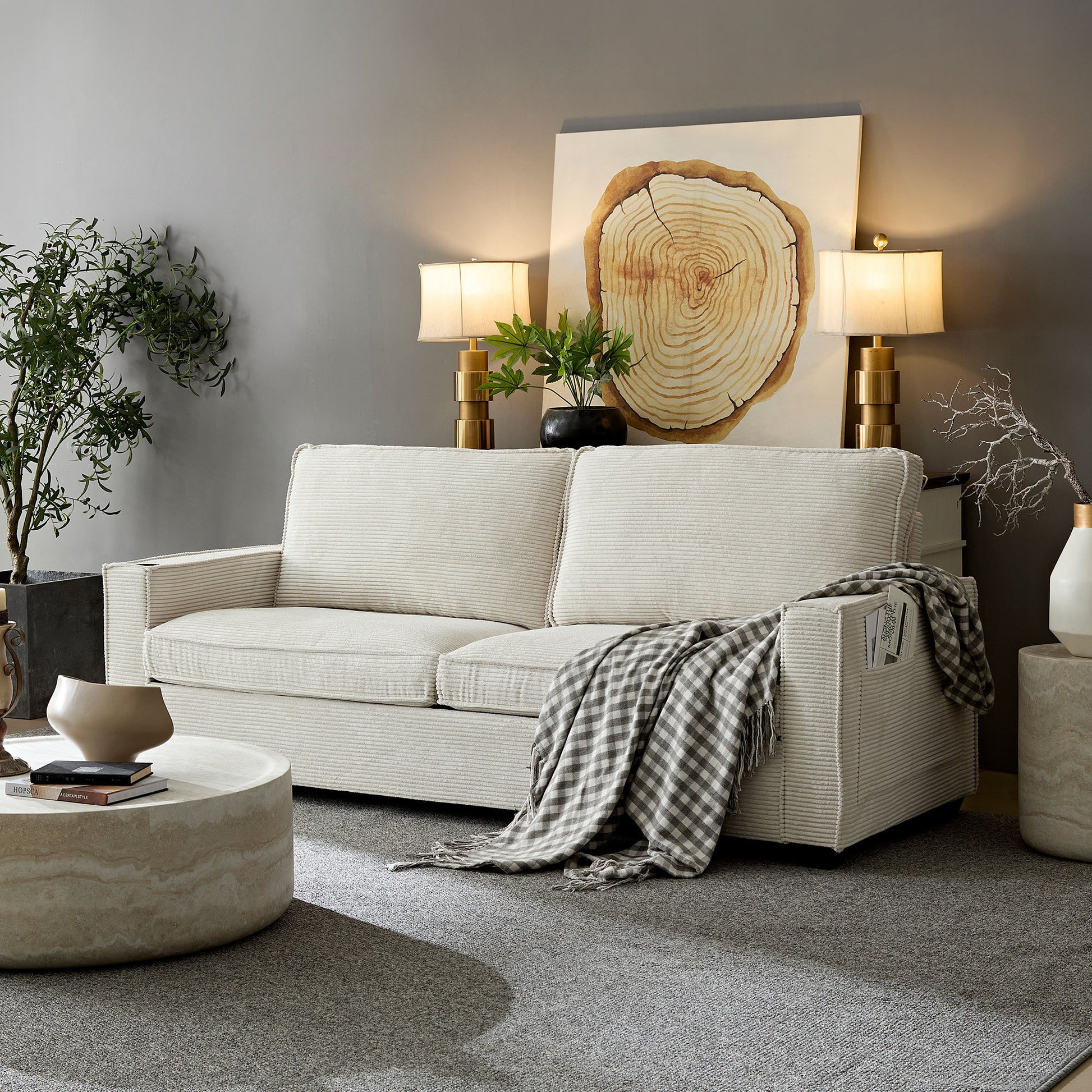 Corduroy Sofa, 87.4 Inch Modern Design Sofa With Cup Holder And Storage Bags, Deep Seat Sofa Couch,Comfy Couch For Living Room,Apartment,Beige Beige Corduroy 3 Seat