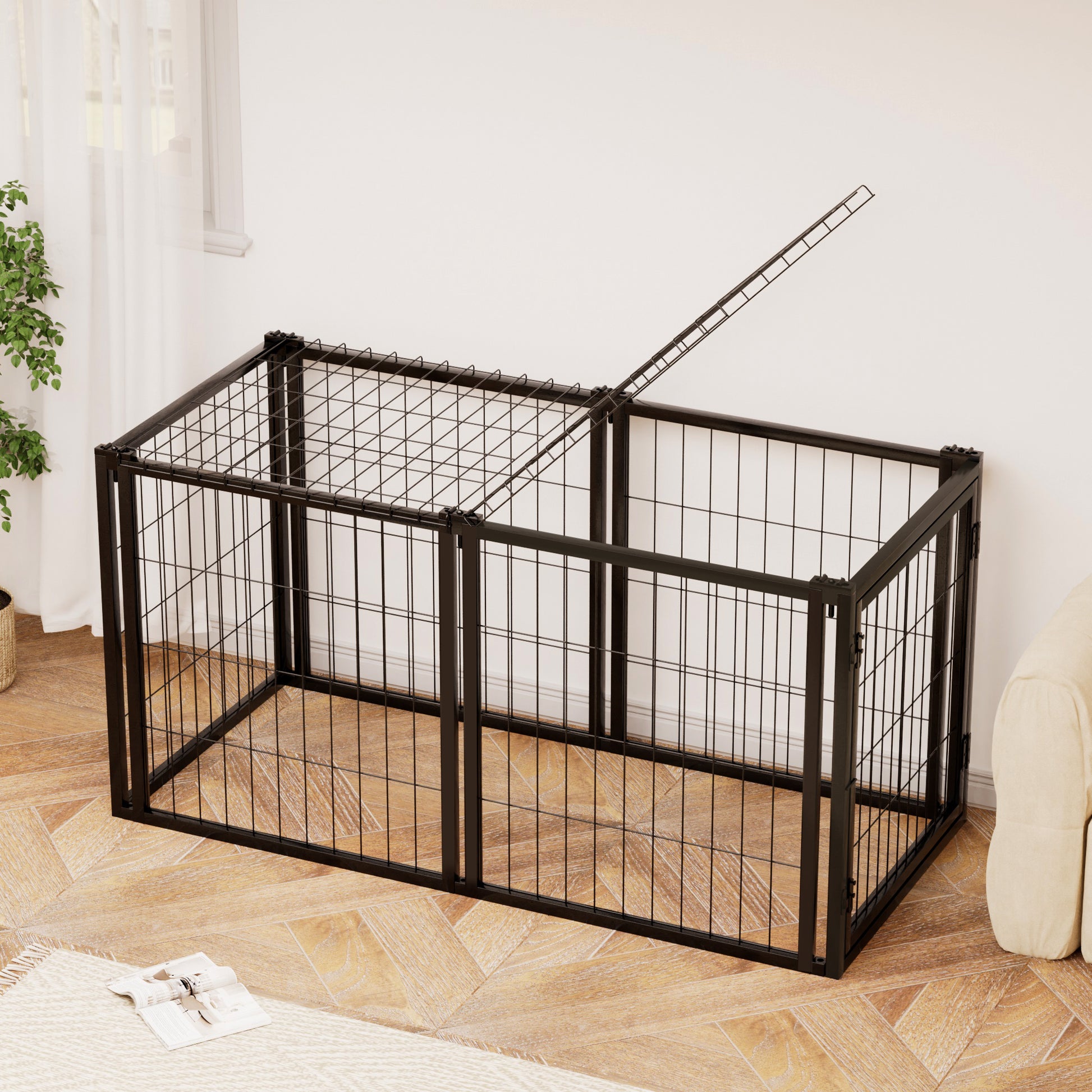 Dog Crate 47.2" Dog Kennel For Small Medium Dogs, Puppy Dog Playpen With Top, Pet Cage, Indoor, Black.47.2"L X 22"W X 24"H. Black Iron