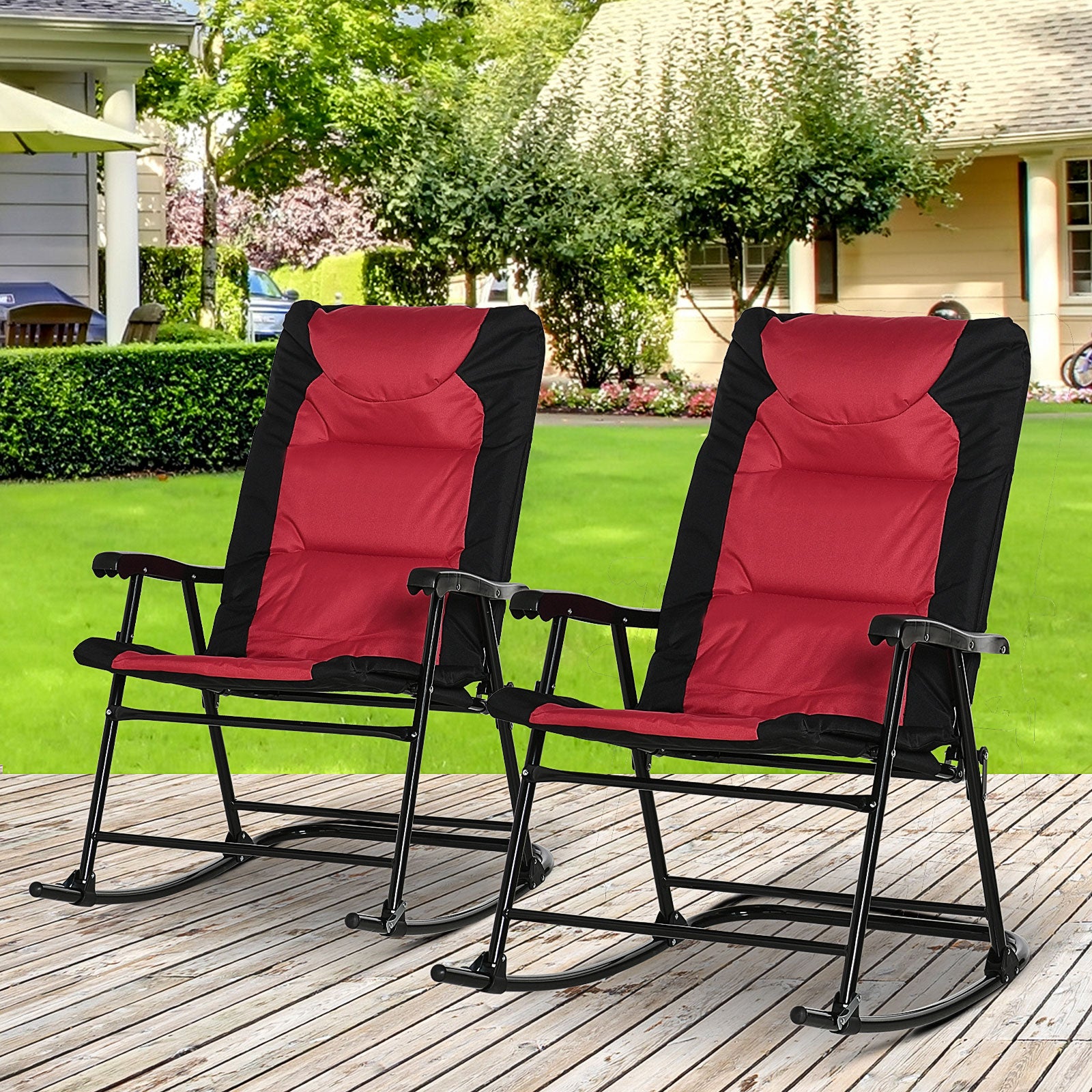 Outsunny 2 Piece Outdoor Patio Furniture Set With 2 Folding Padded Rocking Chairs, Bistro Style For Porch, Camping, Balcony, Red Red Oxford Fabric