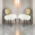Ada 24 Inch Dining Chair, Cane Rattan Back, Fur Seat, Set Of 2, Black Black White Wood