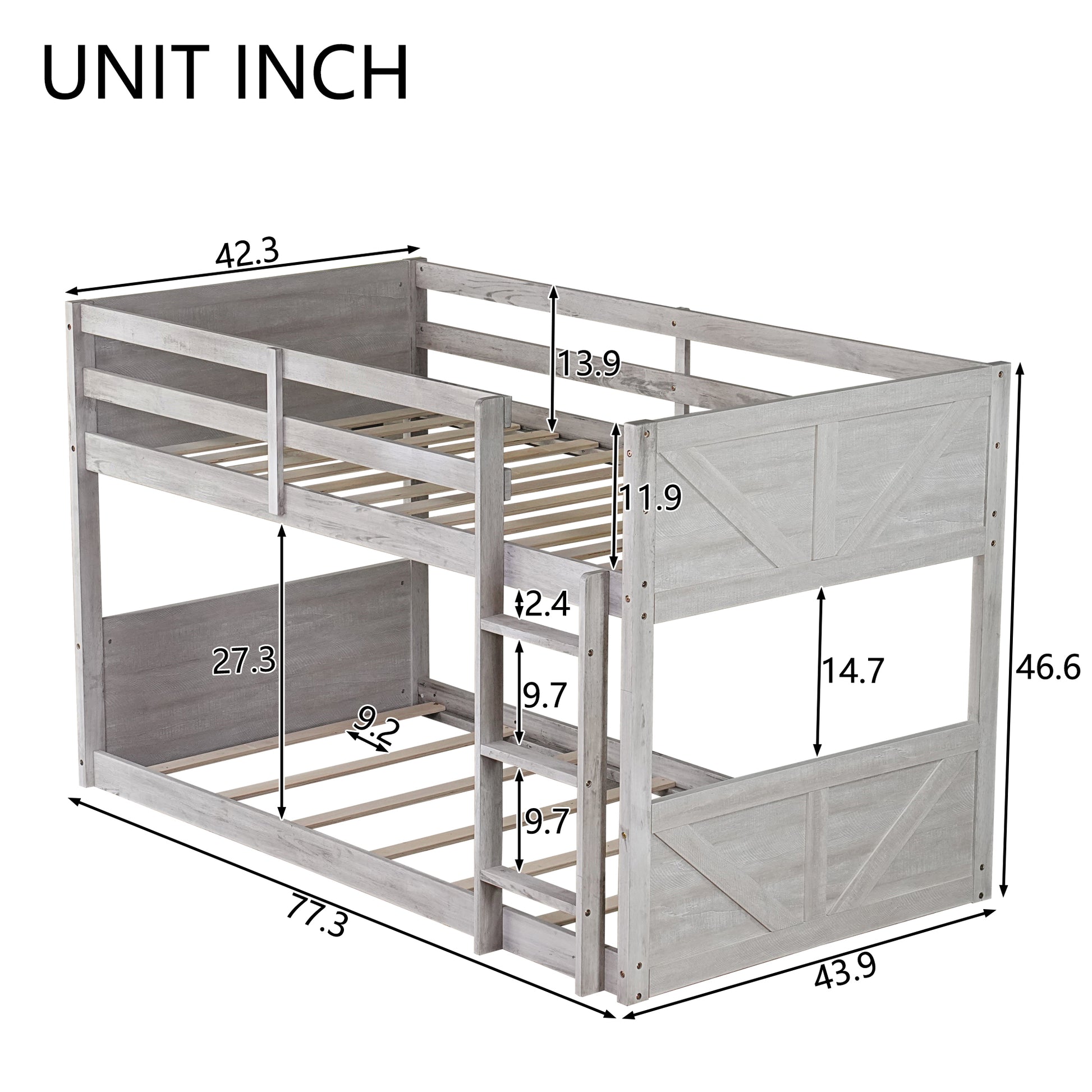 Twin Over Twin Floor Bunk Bed With Panelled Headboard And Footboard, Solid Rubber Wood Foundation With Safety Guardrails, Built In Ladder,Antique White Twin Antique White Rubber Wood
