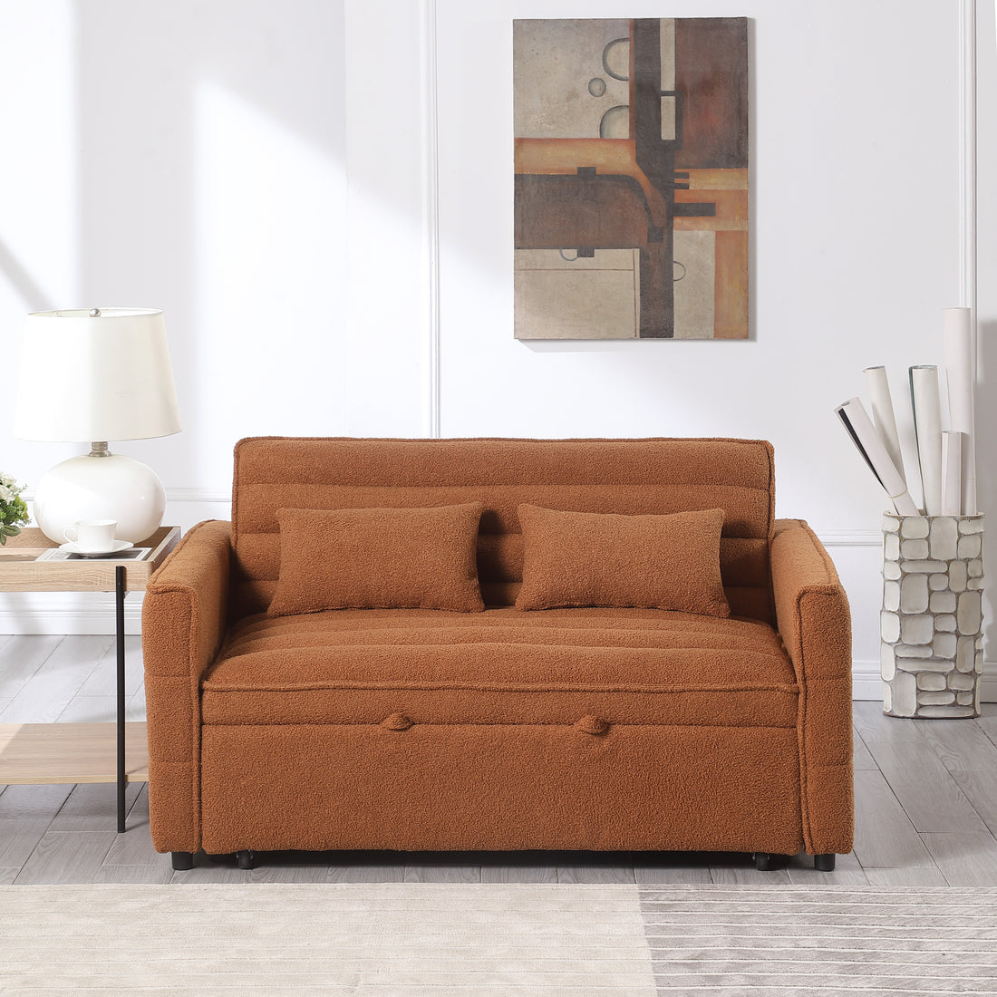 Soft Boucle Convertible Two Bedroom Sofa With Adjustable Back, 2 Seater Sofa, Pull Out Bed, 2 Waist Pillows For Small Living Rooms And Apartments Light Brown Foam Boucle 2 Seat