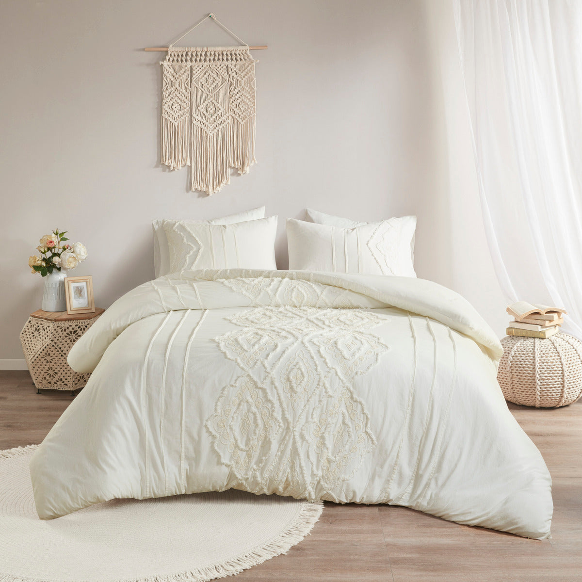 3 Piece Cotton Duvet Cover Set Queen Off White Cotton