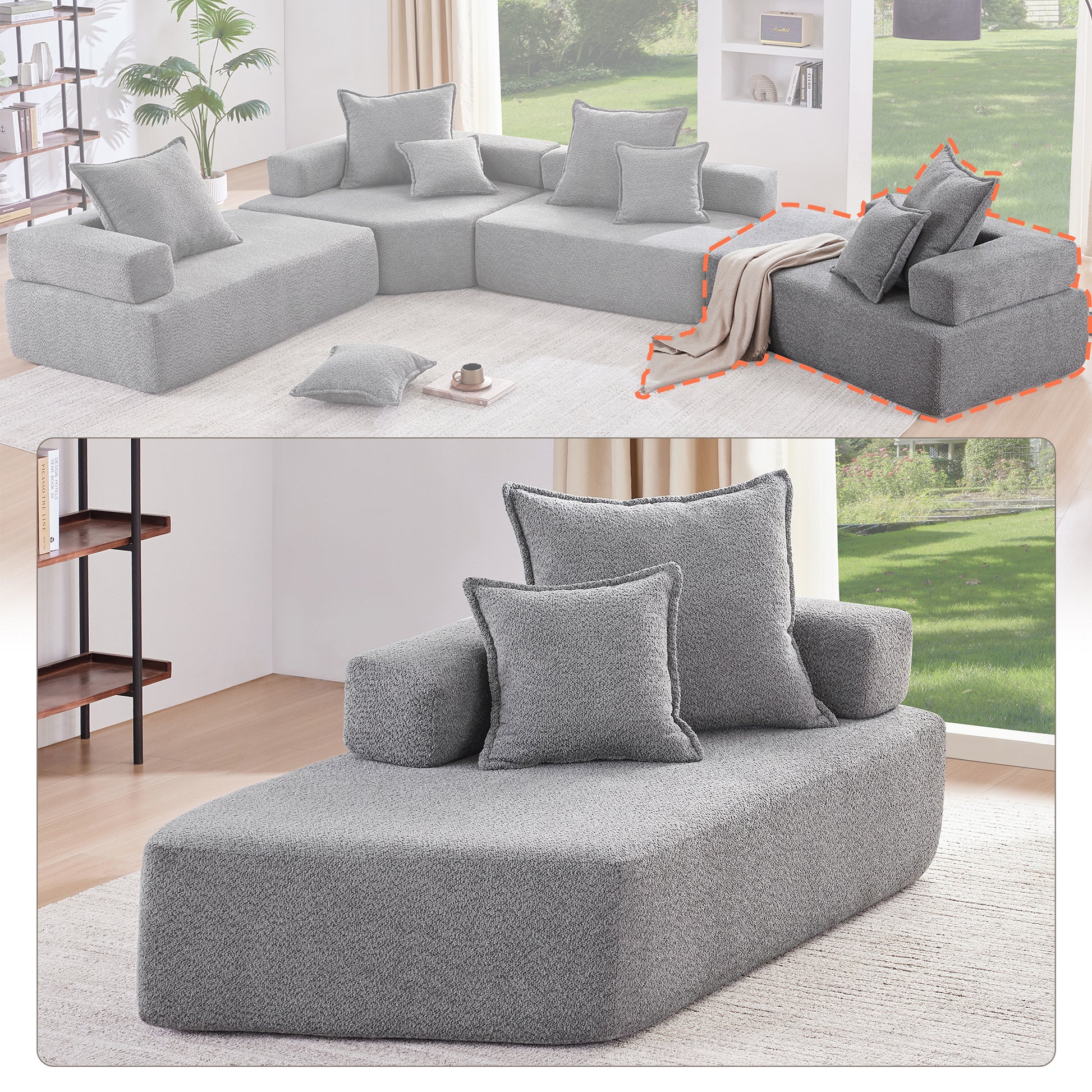 Special Shaped Frame For Oversized Modular U Shaped Sectional Sofa,Luxury Boucle Floor Couch Set,Convertible Sleeper Couch,Spacious Foam Filled Sofa Bed For Living Room Gray Boucle 1 Seat