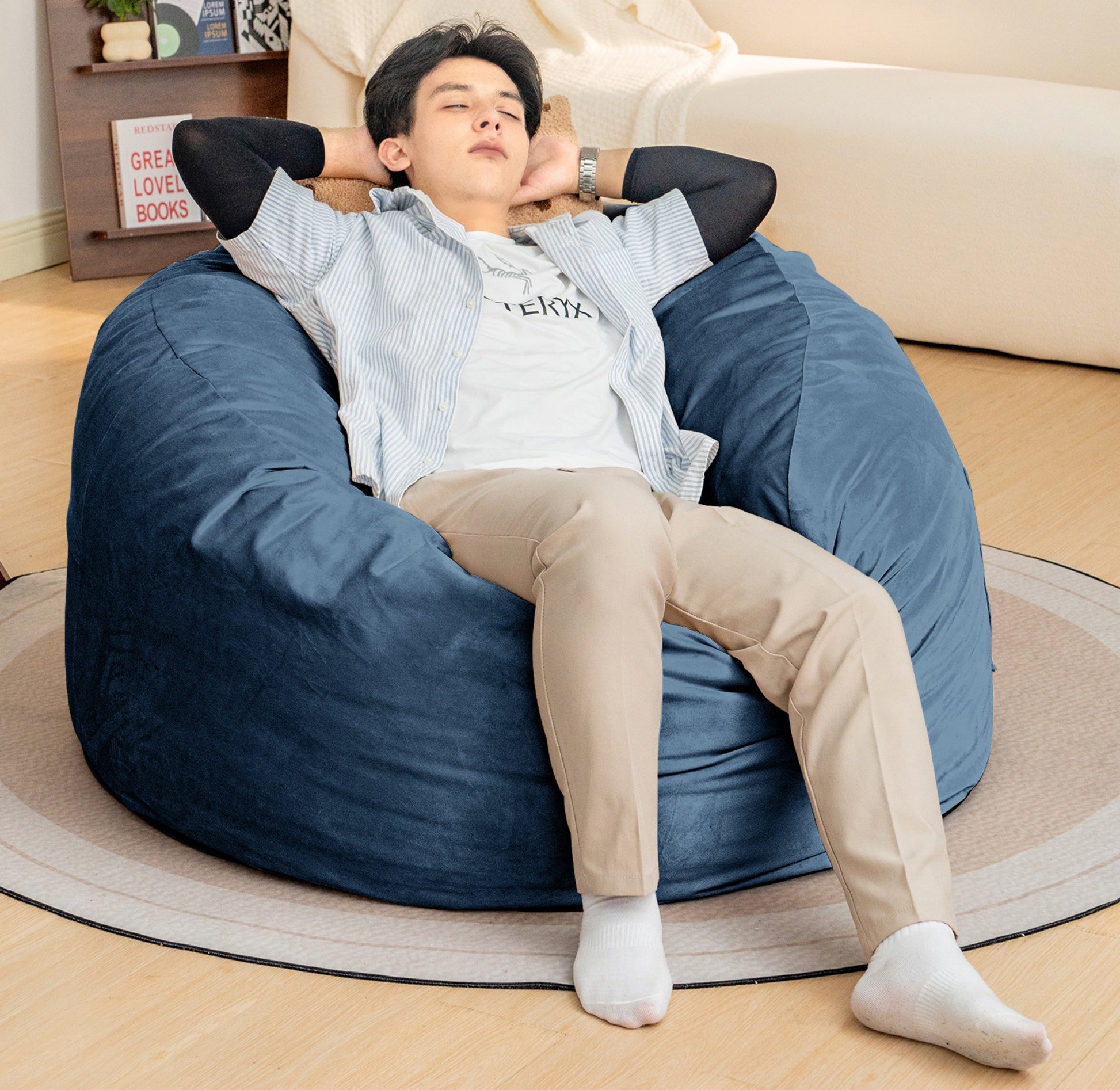 Bean Bag Chair 4Foot Luxurious Velvet Ultra Soft Fur With High Rebound Memory Foam For Adults Plush Lazy Sofa With Fluffy Removable Sponge Dark Blue Primary Living Space Soft Casual,Classic,Modern