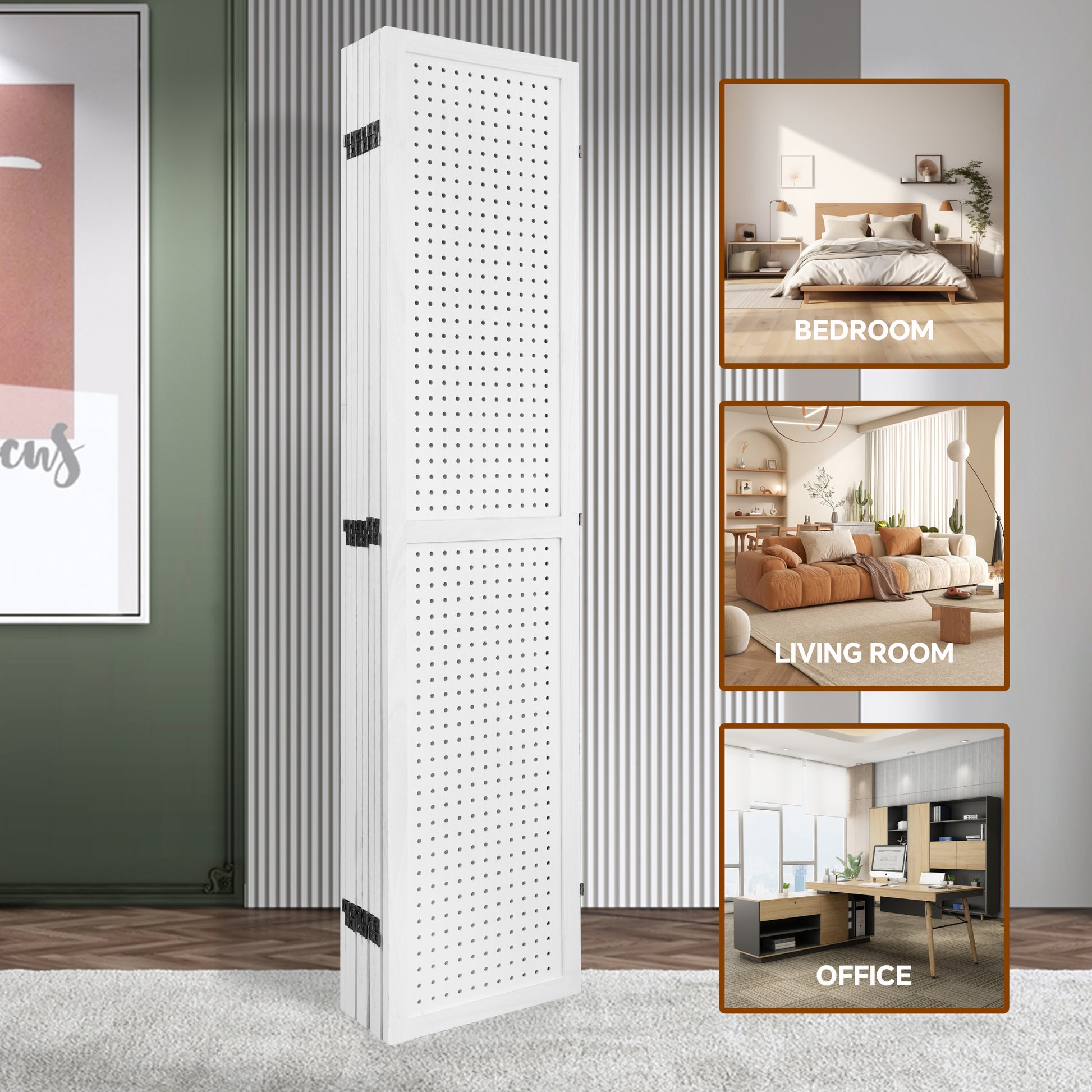 8 Panel Room Divider, 5.6Ft Pegboard Display Wooden Room Divider Folding Privacy Screen Room Divider Freestanding Peg Board Display For Trade Show Craft Show Home Wall Organizer,Elegant White White Modern Wood