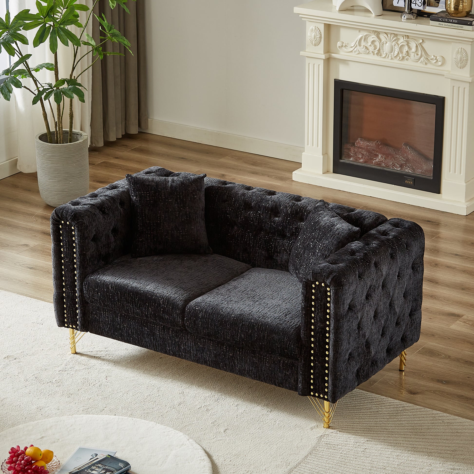 60 Inch Chenille Pull Buckle Design Sofa For Living Room,Buttons Tufted With Copper Nail Decoration Armrest, Modern Couch Upholstered Button And Metal Legs Black Foam Chenille 2 Seat