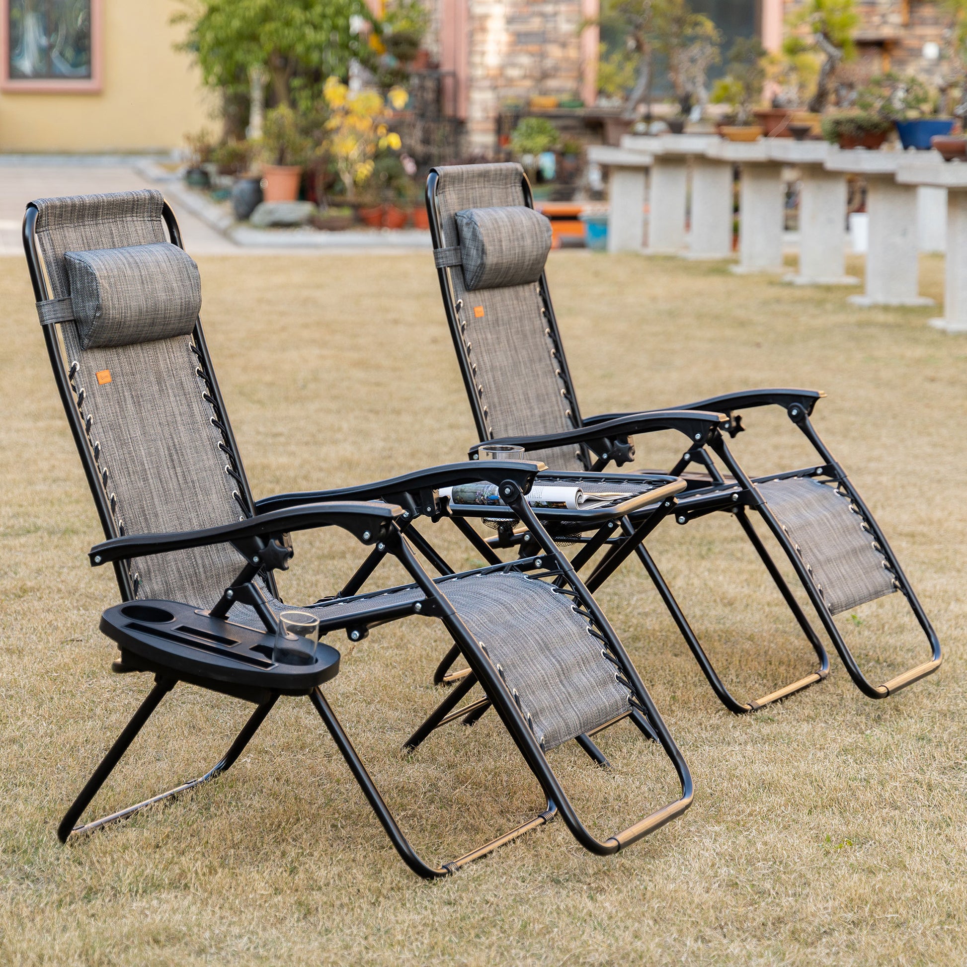 Outsunny Zero Gravity Chair Set With Side Table, Folding Reclining Chair With Cupholders & Pillows, Adjustable Lounge Chair For Pool, Backyard, Lawn, Beach, Gray Grey Steel