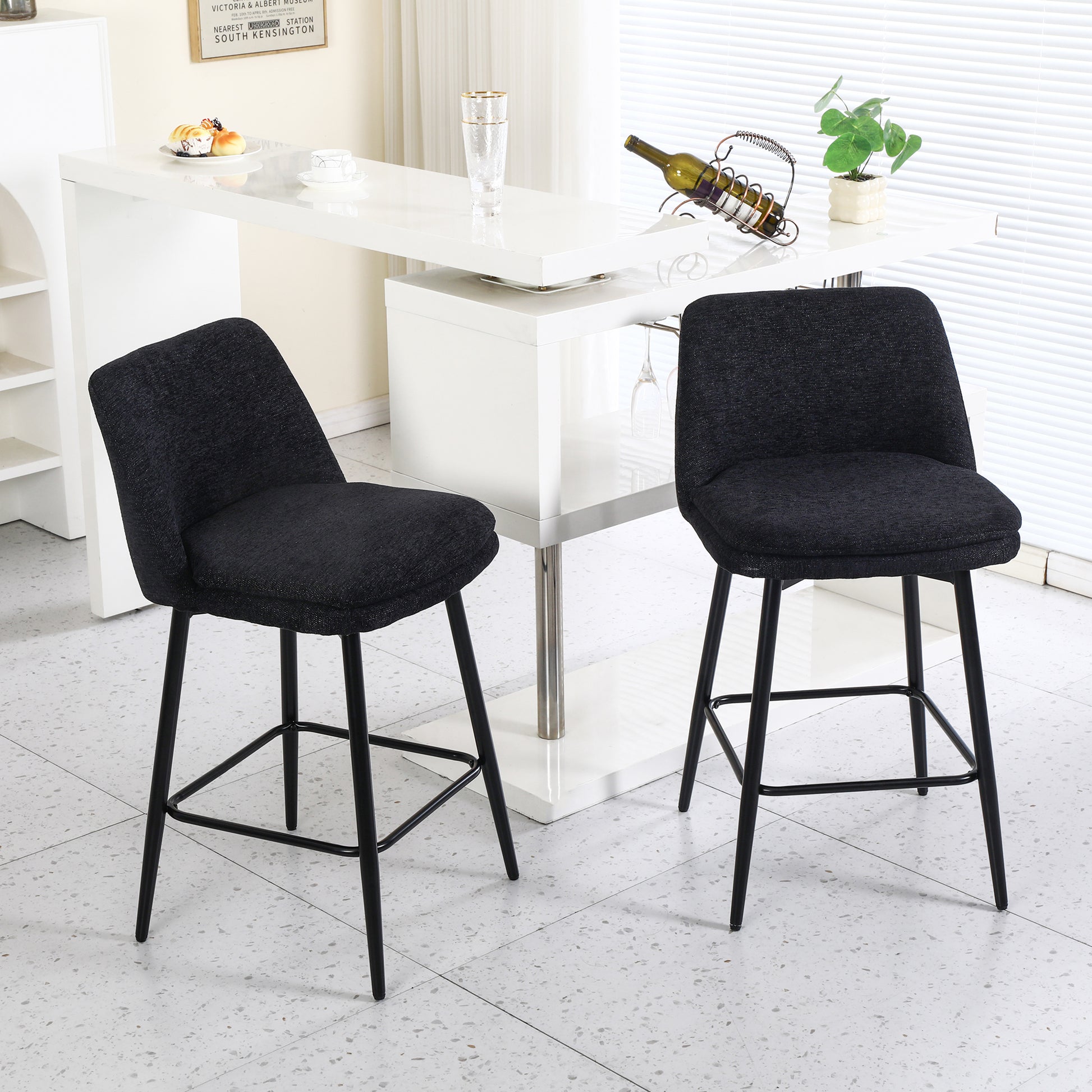 Counter Height Swivel Bar Stools Set Of 2, 360 Swivel Upholstered Barstools With Back And Metal Legs, 25.6" Seat Height,Counter Stools For Kitchen Island And Pub,Linen Cloth,Black Linen. Black Set