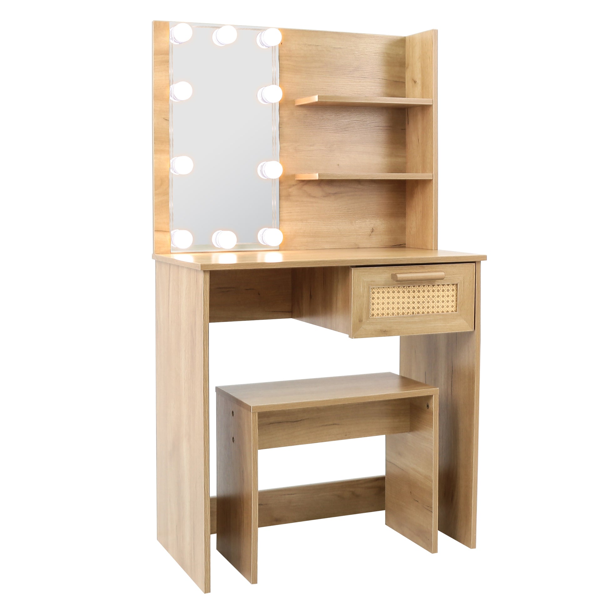 Vanity Desk Set Stool & Dressing Table With Led Lighting Mirror Drawer And Compartments Modern Wood Cosmetic Table Chest Of Drawers Nature Color Natural Wood Particle Board