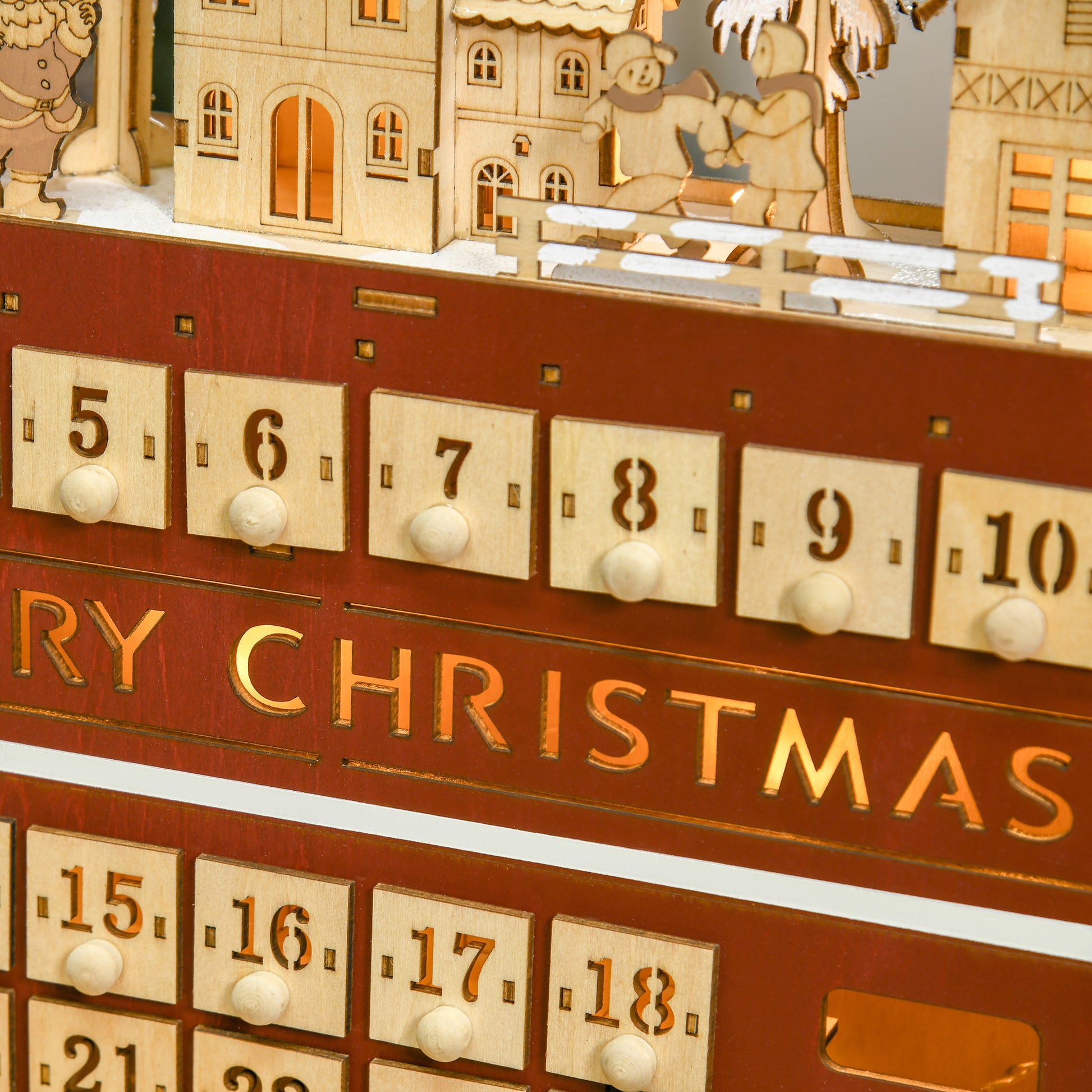 Homcom Christmas Advent Calendar, Light Up Table Xmas Wooden Bus Holiday Decoration With Countdown Drawer, Santa Claus Street House, For Kids And Adults Red Plywood