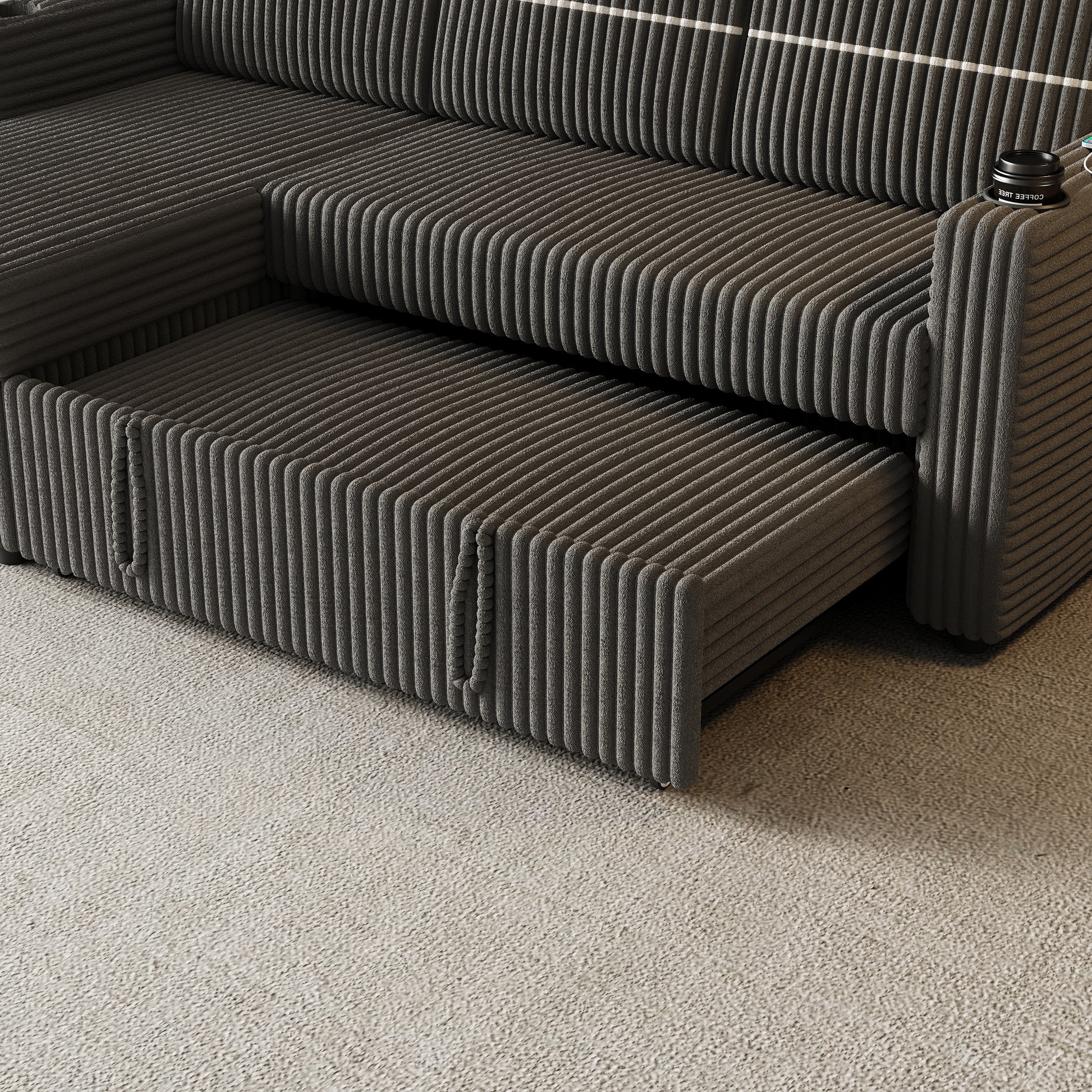 85 Inches Corduroy Sofa Bed, 3 Seater Sleeper Sofa With Storage Chaise, Square Handrail With Two Cup Holder And Usb Charge Port, Pull Out Couch For Living Room Dark Grey Corduroy 3 Seat