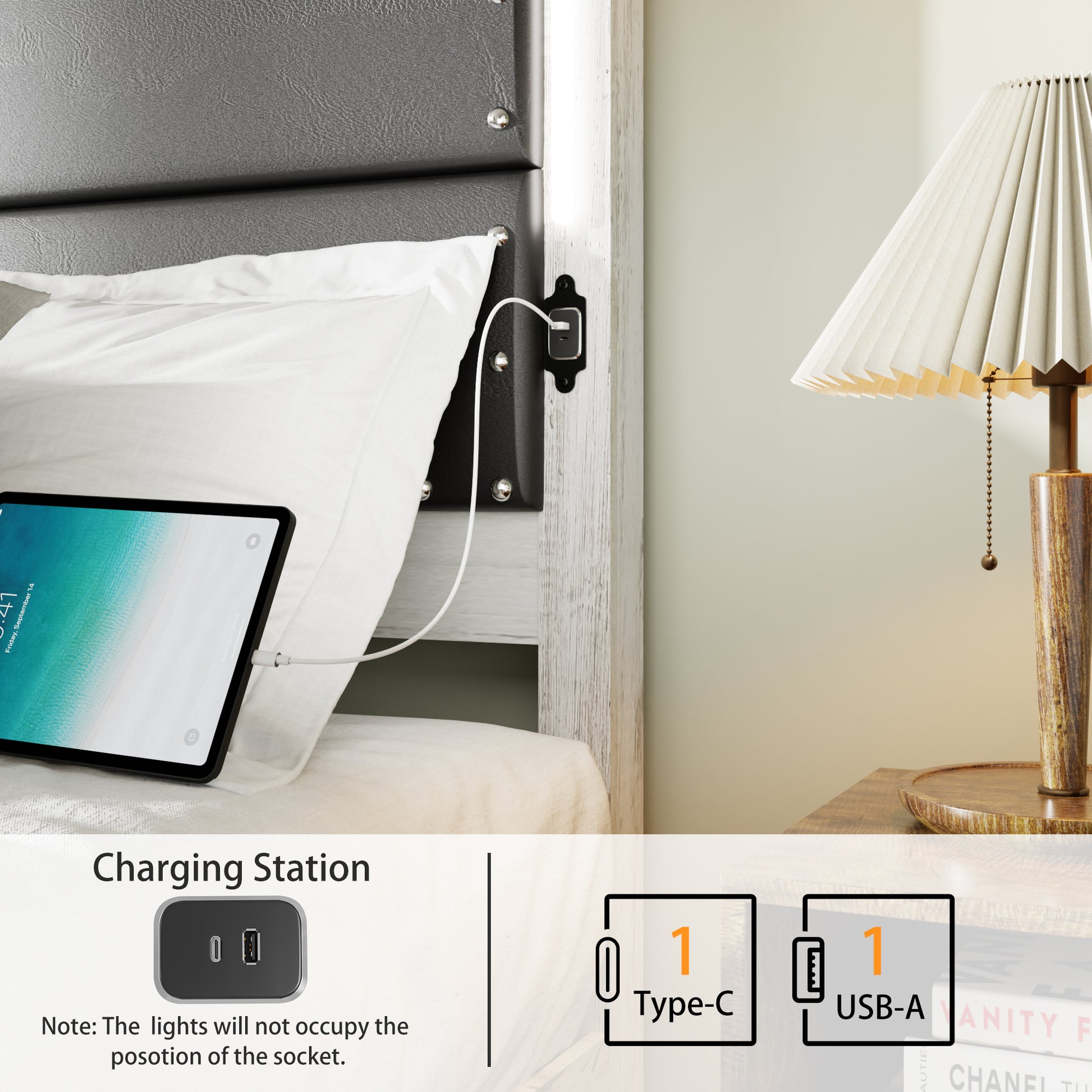 Queen Size Bed Frame With Upholstered Headboard, Queen Bed Frame With Charging Station And Led Lights, Wood Slats, Dark Gray Faux Leather & Rivets, No Box Spring Needed, Easy Assembly Box Spring Not Required Queen Antique White Gray Wood Bedroom Bed