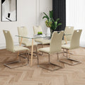 Modern Simple Rectangular Glass Dining Table, Solid Tempered Glass Countertop, Wood Transfer Metal Table Legs, Light Yellow Pu Dining Chair Set, Suitable For Restaurant Kitchen Use Set Of 7 Upholstered Chair Glass Light Yellow Seats 6 Metal Rectangular