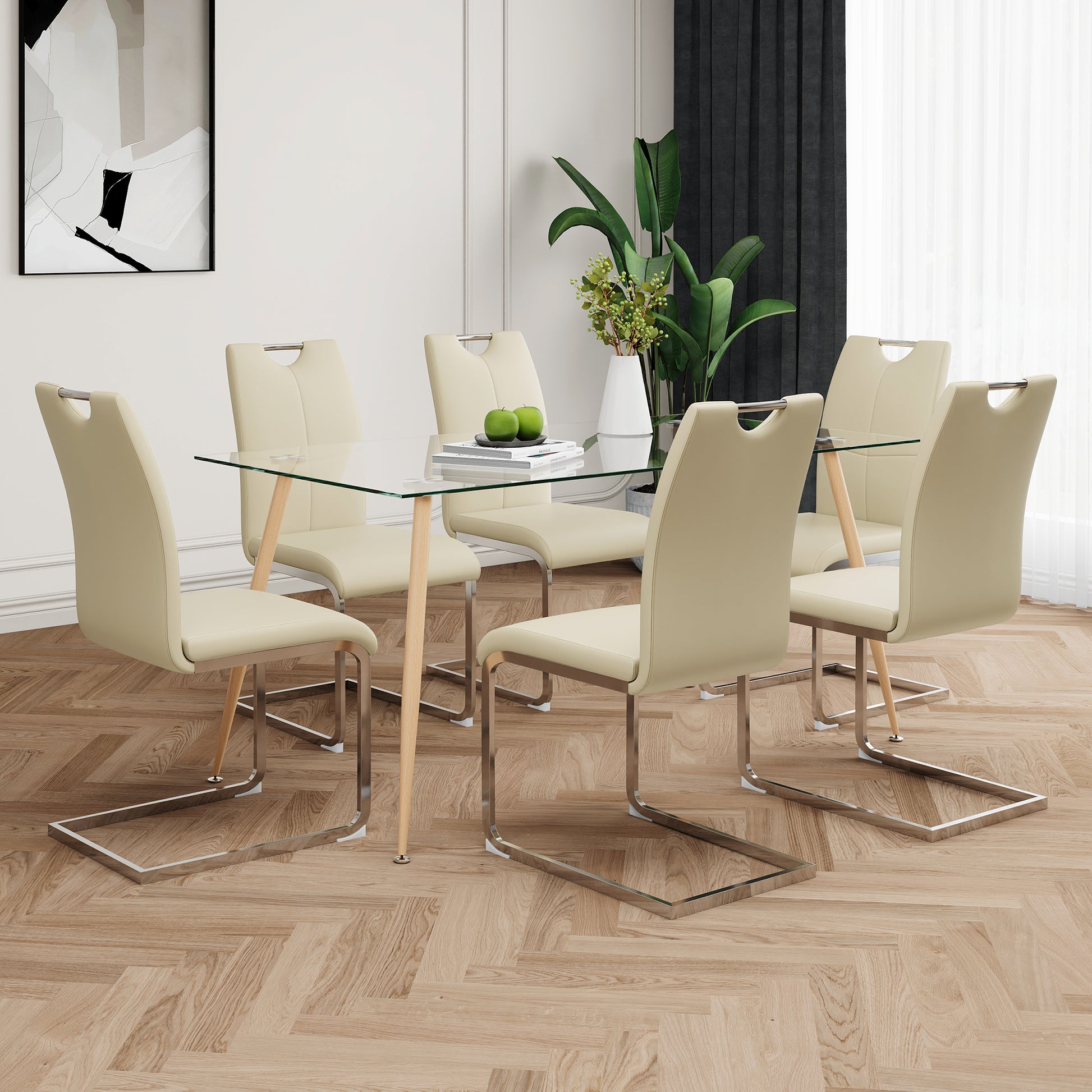 Modern Simple Rectangular Glass Dining Table, Solid Tempered Glass Countertop, Wood Transfer Metal Table Legs, Light Yellow Pu Dining Chair Set, Suitable For Restaurant Kitchen Use Set Of 7 Upholstered Chair Glass Light Yellow Seats 6 Metal Rectangular