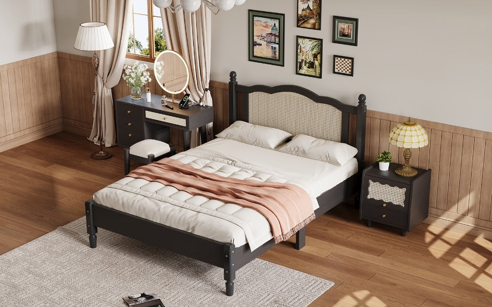 3 Pieces Bedroom Set With Queen Size Wooden Bed Frame, 1 Vintage Nightstand And 1 Makeup Vanity Set With Stool,Black Expected Arrival Time: 08.23 Queen Black 3 Piece Set Wood