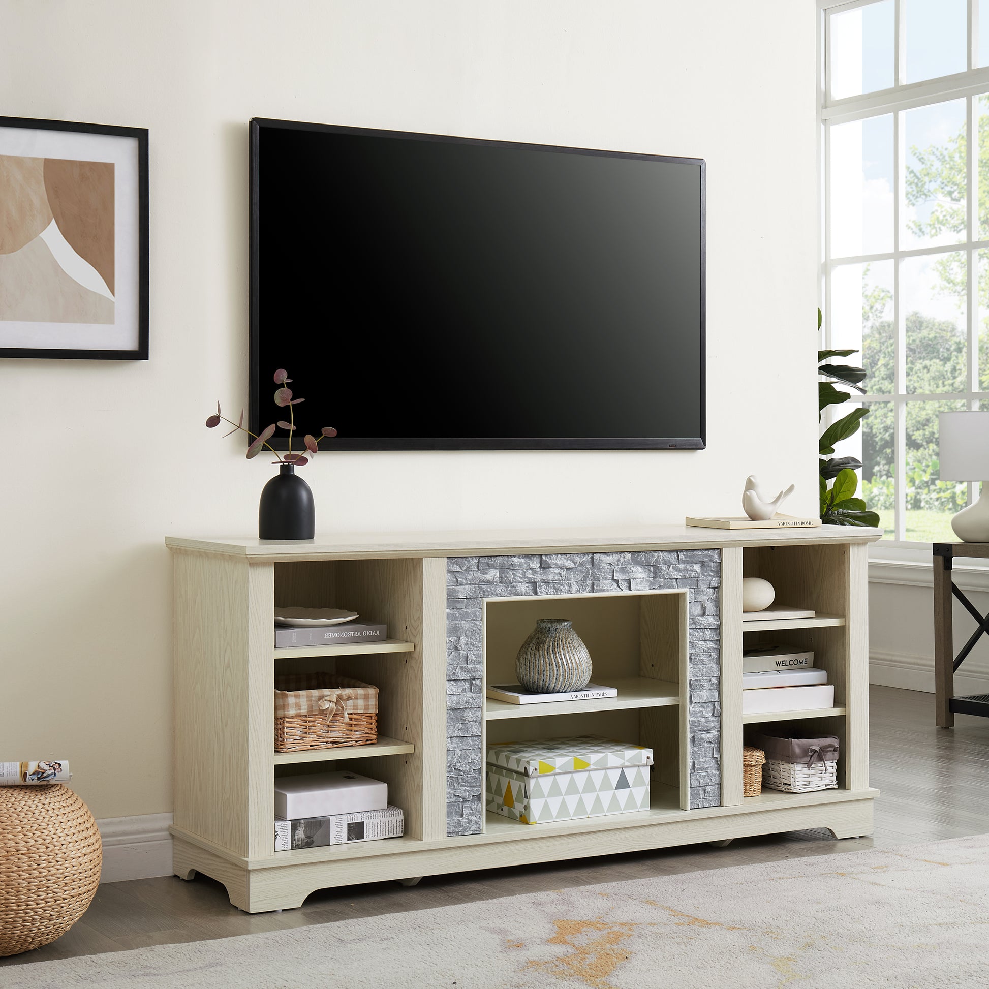 Mantel Stone Tv Media Stand With With Faux Stacked Stone Surround, Modern Entertainment Console With Open Storage Space,White, 58.31"W*15.39"D*26.06"H White 60 69 Inches Mdf