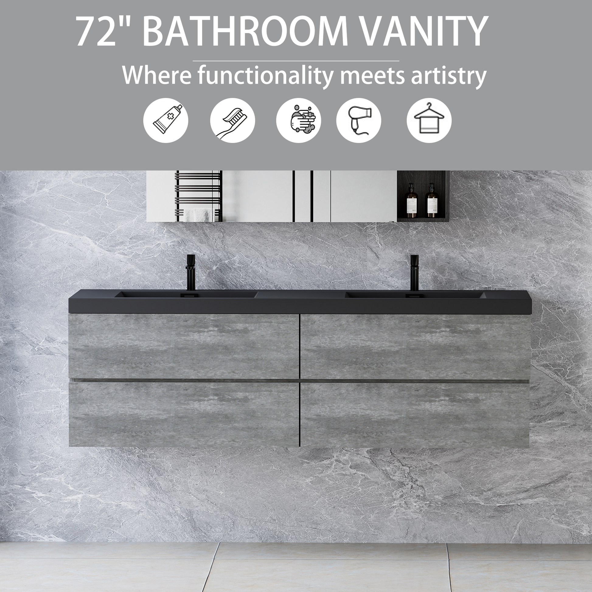 72" Floating Bathroom Vanity With Sink, Modern Wall Mounted Bathroom Storage Vanity Cabinet With Two Black Quartz Sand Top Basins And Four Soft Close Drawers, 24V12 72Gr Grey 4 Grey Wall Mounted Plywood