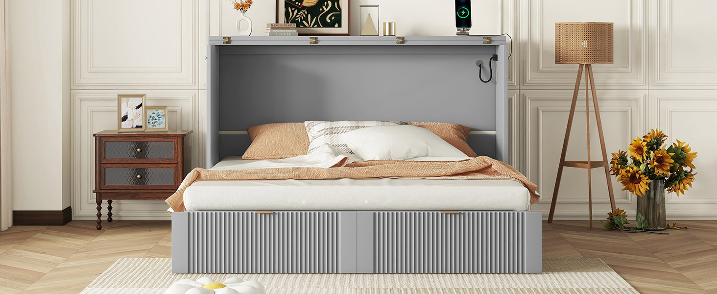 Queen Size Murphy Bed Wall Bed With Drawer And A Set Of Sockets & Usb Ports, Pulley Structure Design, Gray Queen Gray Plywood
