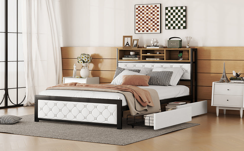 Metal Full Size Platform Bed With 4 Drawers, Upholstered Headboard And Footboard, Sockets And Usb Ports, White Full White Black Fabric Metal