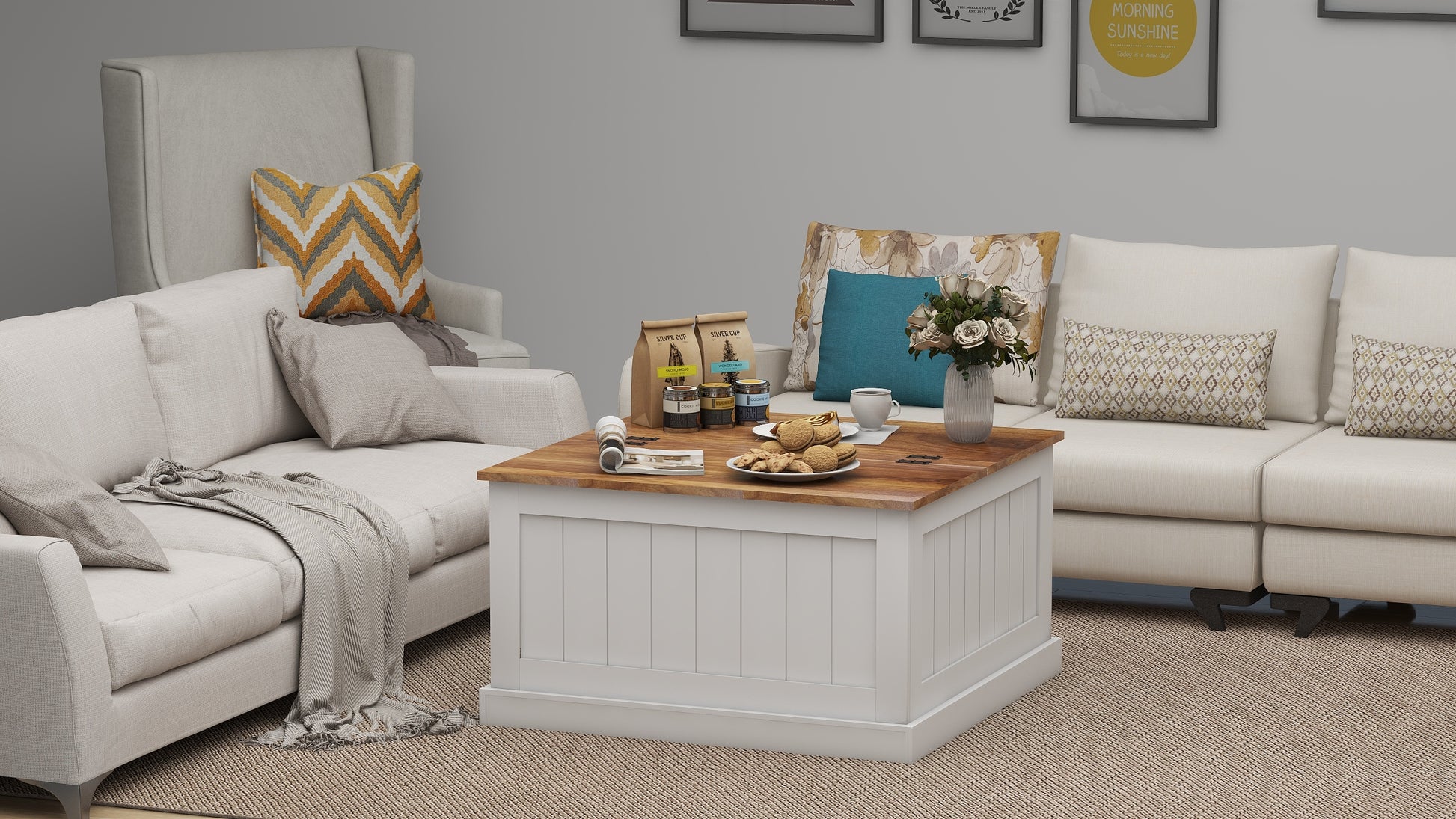 31.5" Farmhouse Coffee Table, Square Wood Center Table With Hinged Lift Top, Rustic Cocktail Table With Large Hidden Storage Compartmen For Living Room White White Mdf