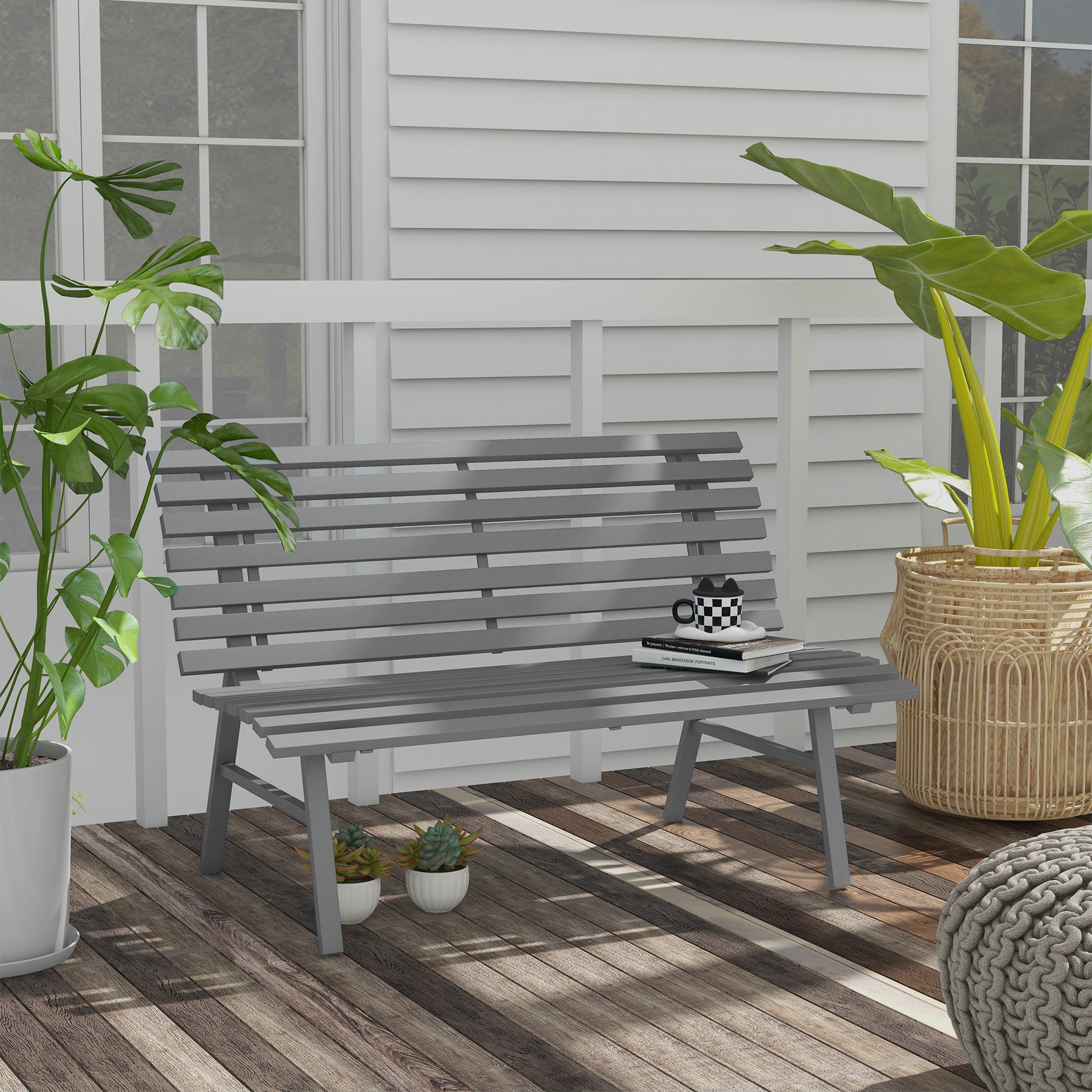 Outsunny 48.5" Garden Bench, Outdoor Patio Bench, Lightweight Aluminum Park Bench With Slatted Seat For Lawn, Park, Deck, Gray Grey Aluminum