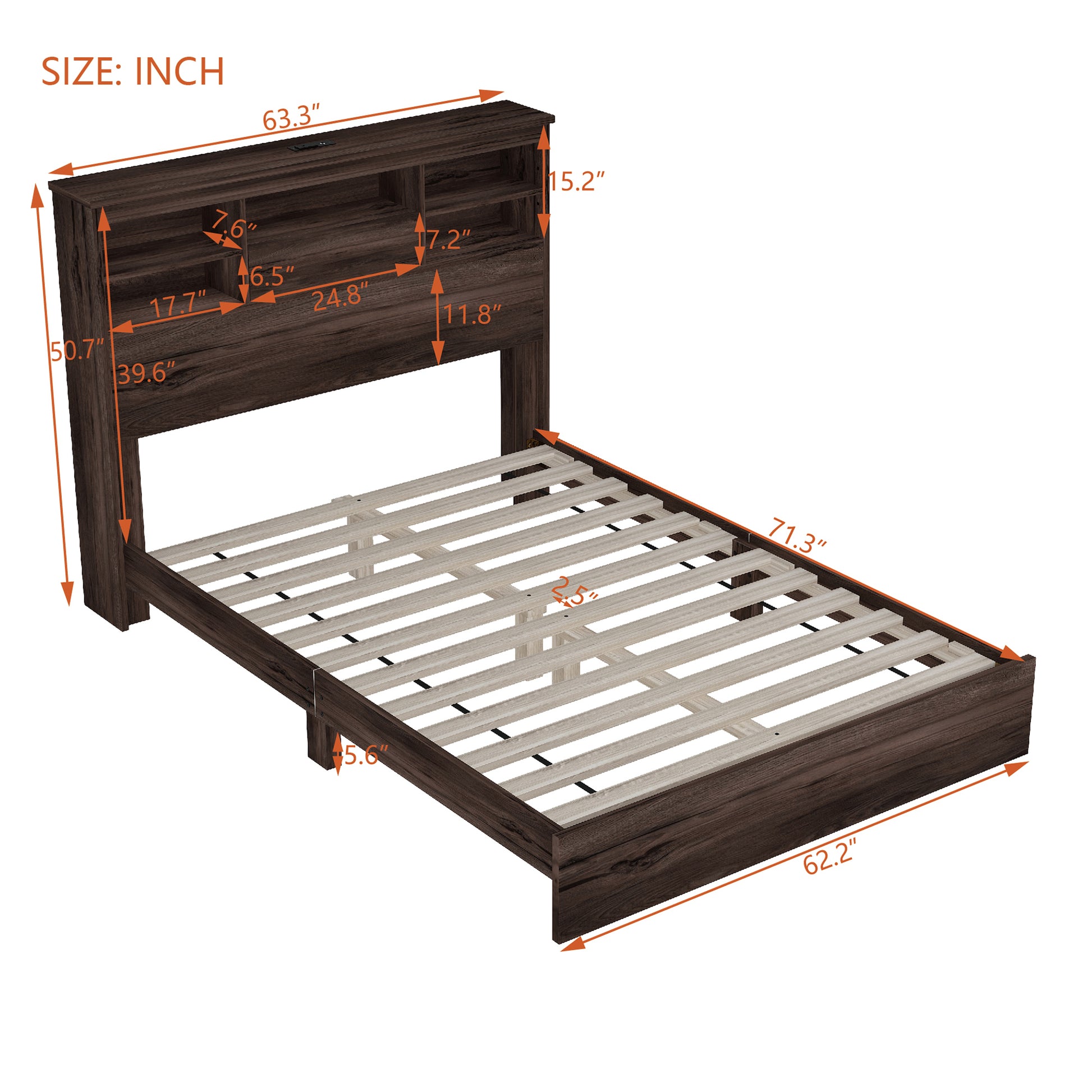 Queen Size Wooden Platform Bed With Storage Headboard,American Country Style Bed With Usb Charging Ports,Dark Walnut Queen Walnut American Traditional Mdf