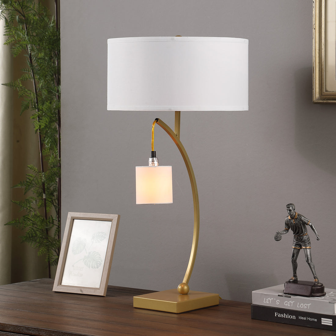 28.5" In Contemporary Dual Gold Arc W Hanging Pendelum Lamp Metal Table Lamp Gold Metal