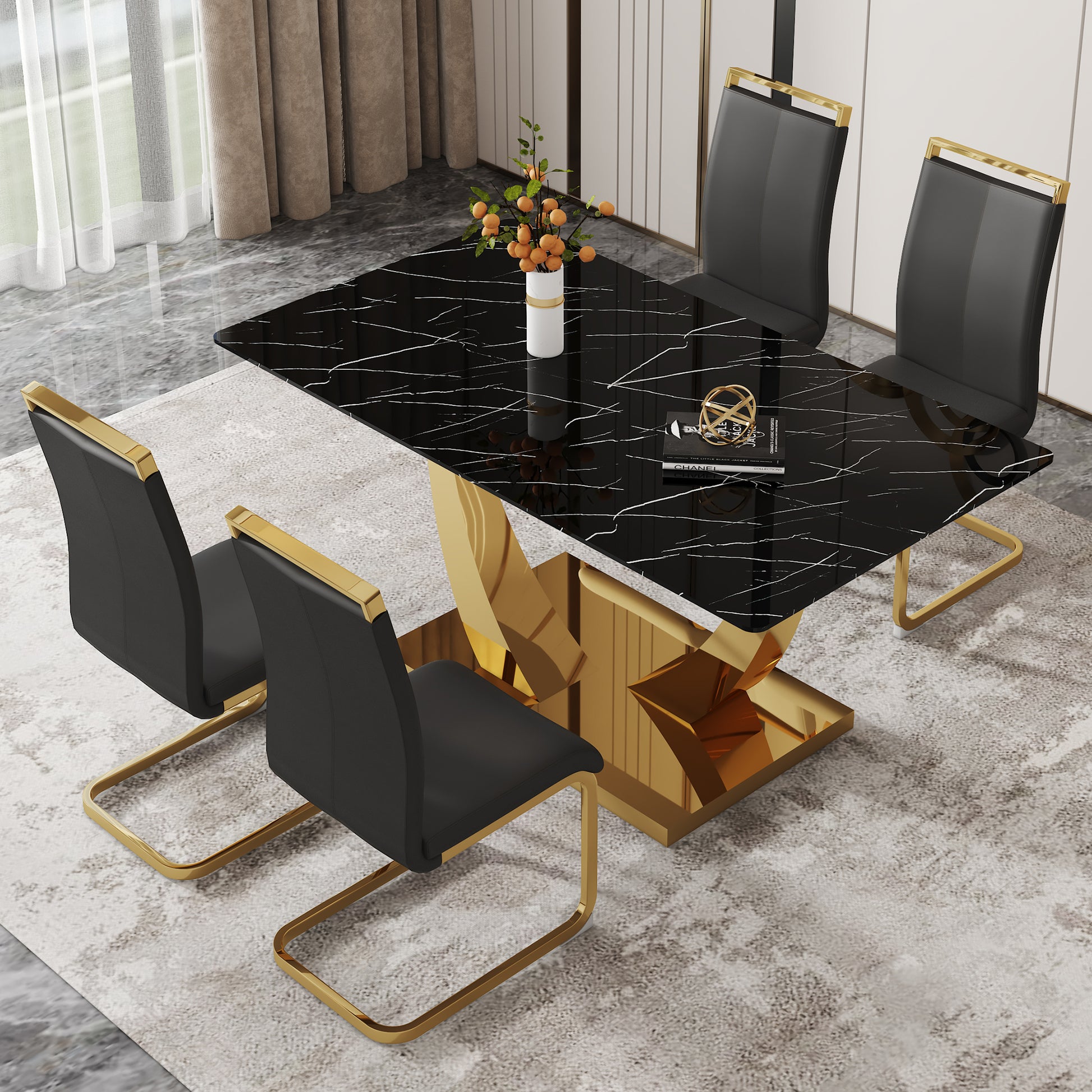 Table And Chair Set.Modern Rectangular Dining Table With Black Textured Stickers Glass Tabletop And Gold Plated Metal Legs.Paried With 4 Comfortable Chairs With Pu Seats And Golden Metal Legs. Black Gold Seats 4 Glass Metal