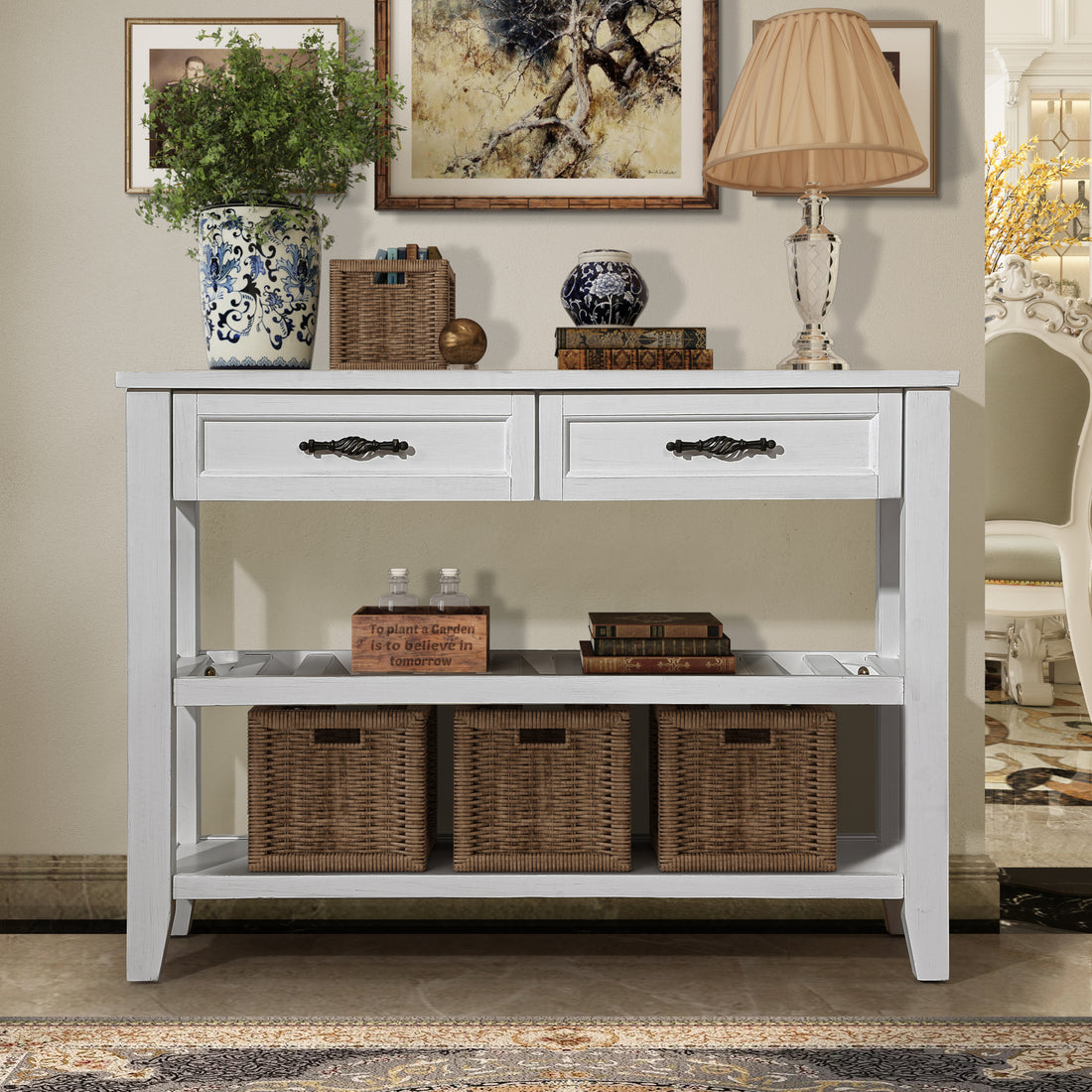 Console Sofa Table With 2 Storage Drawers And 2 Tiers Shelves, Mid Century Style 42'' Solid Wood Buffet Sideboard For Living Room Furniture Kitchen Dining Room Entryway Hallway, Antique White Antique White Pine