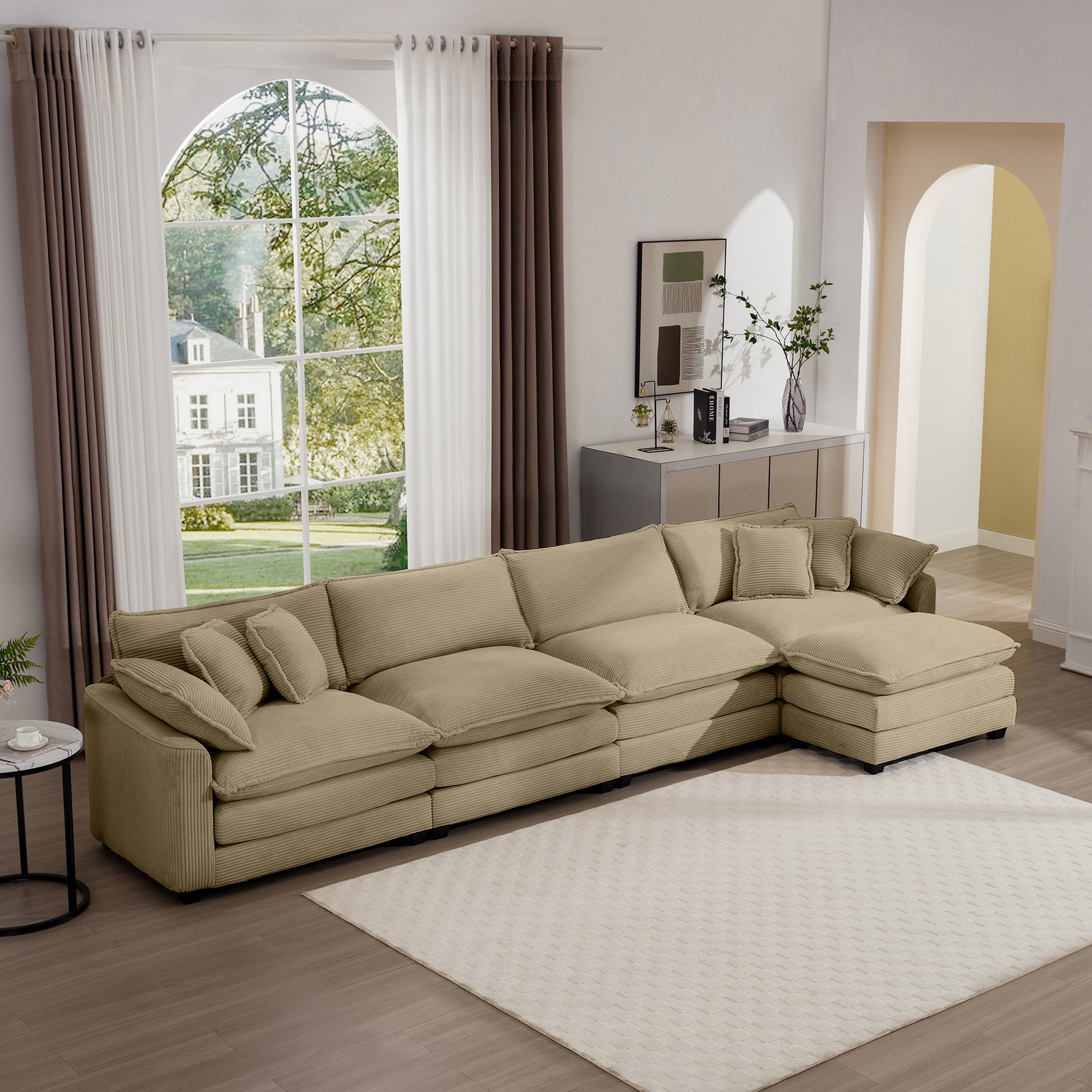 Corduroy Sofa Modern Upholstered 4 Seater With With 1 Footstool Corduroy Fabric Sofaoffice Living Room Apartment Comfort Sofa, Easy To Assemble With 2 Arm Pillows And 4 Throw Pillows Tan Corduroy 4 Seat