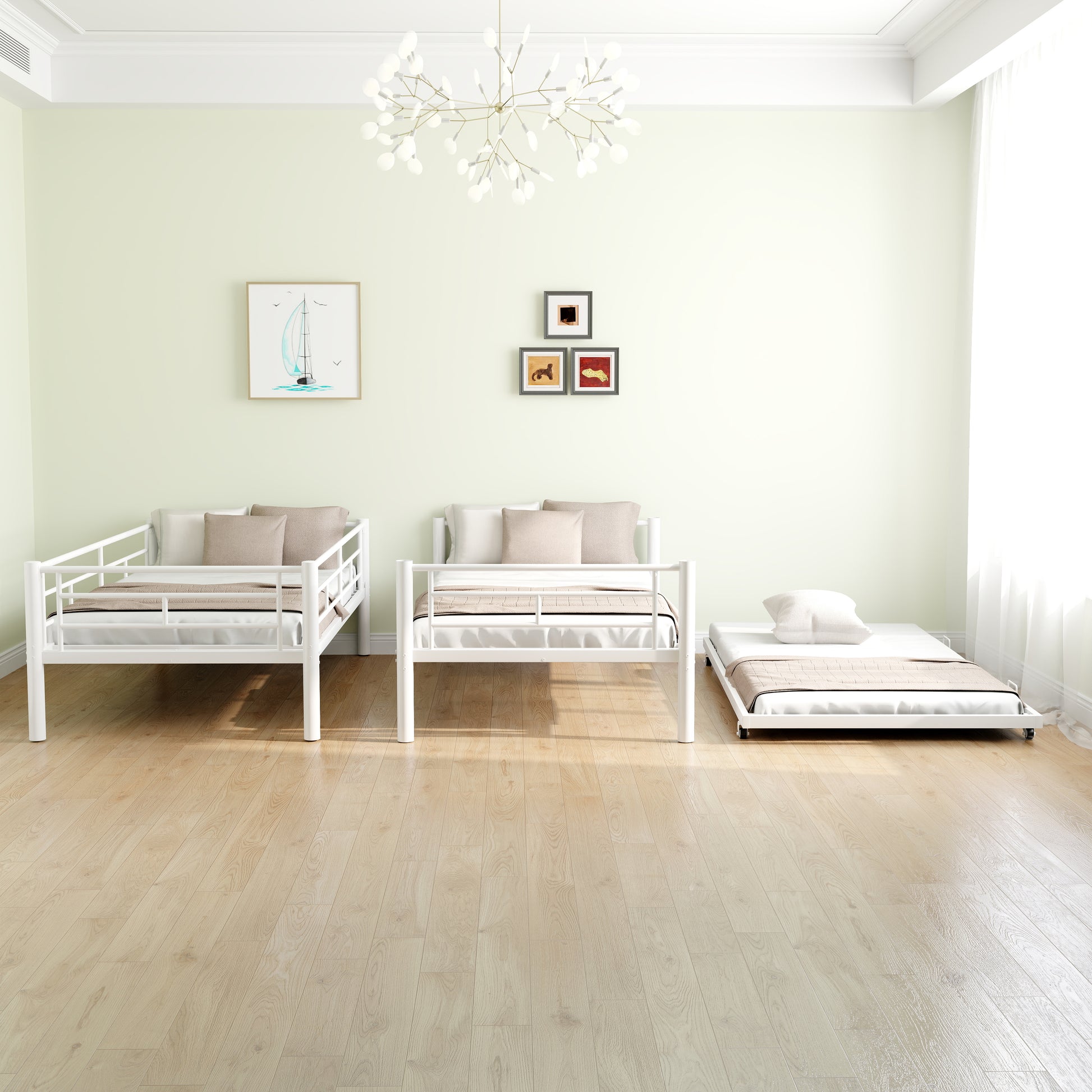 Heavy Duty Sturdy Meta Twin Over Full Bunk Bed L Noise Reduced Safety Guardrail No Box Spring Needed,White Box Spring Not Required Twin White Metal