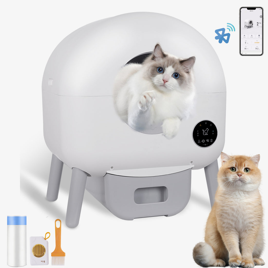 Self Cleaning Litter Box 2.2Lb 23Lb Cat Can Use, 100L Automatic Cat Litter Box Self Cleaning, Extra Large For Multiple Cats, Anti Pinch, All Clumping Litter Can Use, With Garbage Bags, App Control